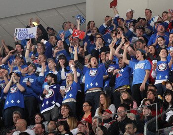 NEWARK, NJ - APRIL 10: Members of the 'Nordiques Nation' attend the game between the New Jersey Devils and the Boston Bruins at the Prudential Center on April 10, 2011 in Newark, New Jersey.  (Photo by Bruce Bennett/Getty Images)