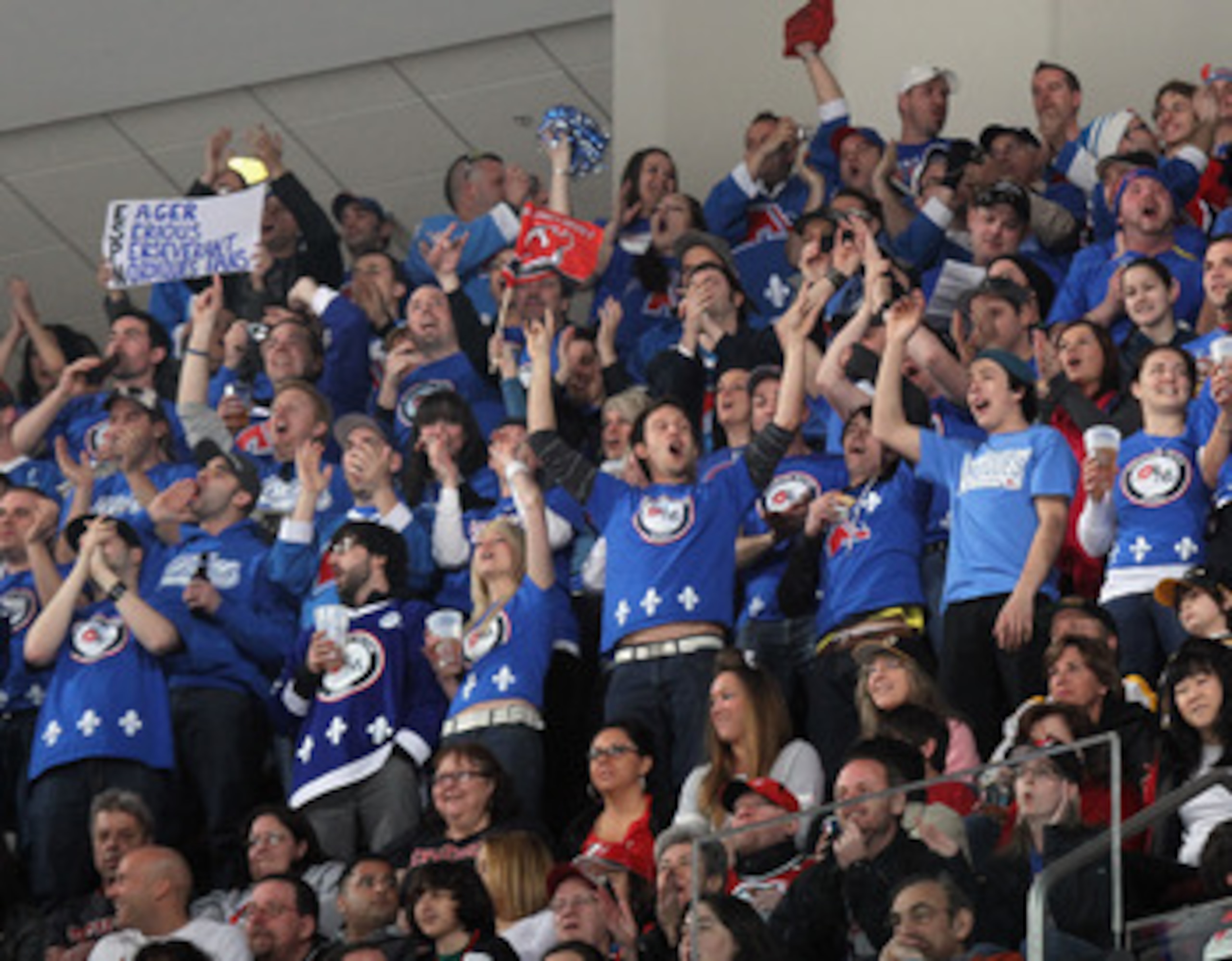 NEWARK, NJ - APRIL 10: Members of the 'Nordiques Nation' attend the game between the New Jersey Devils and the Boston Bruins at the Prudential Center on April 10, 2011 in Newark, New Jersey.  (Photo by Bruce Bennett/Getty Images)