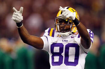 ARLINGTON, TX - JANUARY 07:  Terrence Toliver #80 of the Louisiana State University Tigers points to the crowd during pregame before playing the Texas A&M Aggies during the AT&T Cotton Bowl at Cowboys Stadium on January 7, 2011 in Arlington, Texas.  (Phot