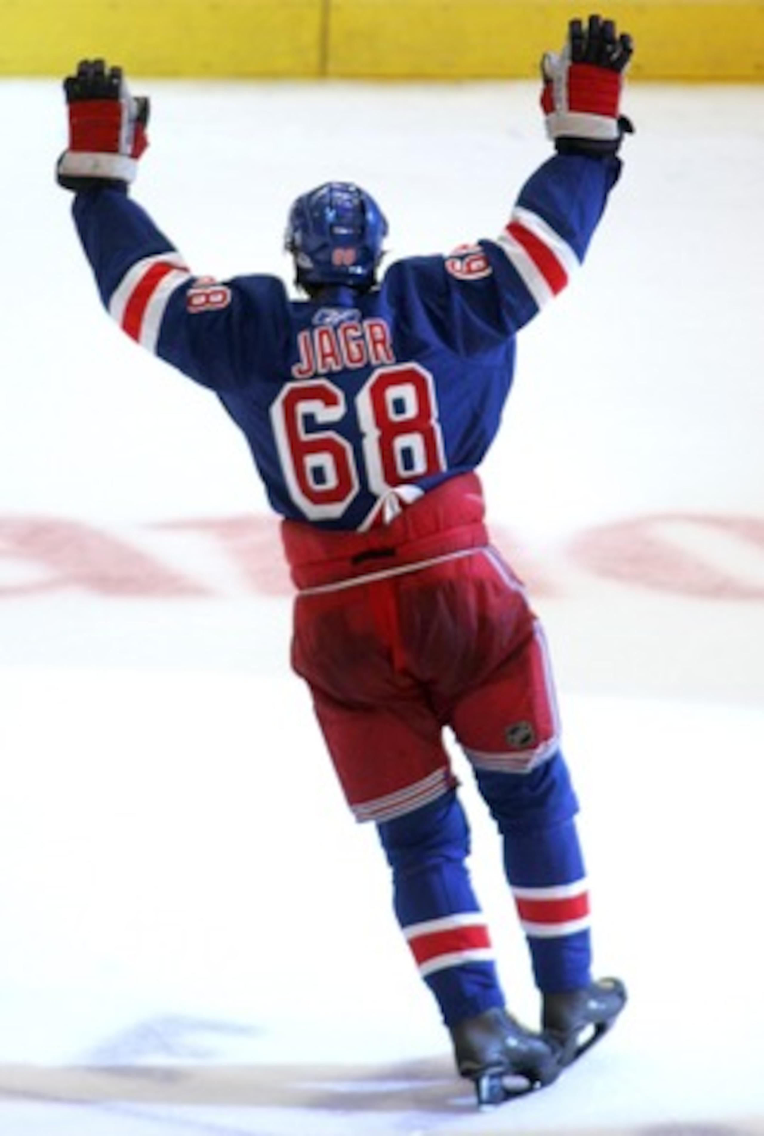 NEW YORK - MAY 01:  Jaromir Jagr #68 of the New York Rangers acknowledges the crowd after being named the second star after his team defeated the Pittsburgh Penguins 3-0 in Game 4 of the Eastern Conference Semifinals of the 2008 NHL Stanley Cup Playoffs a