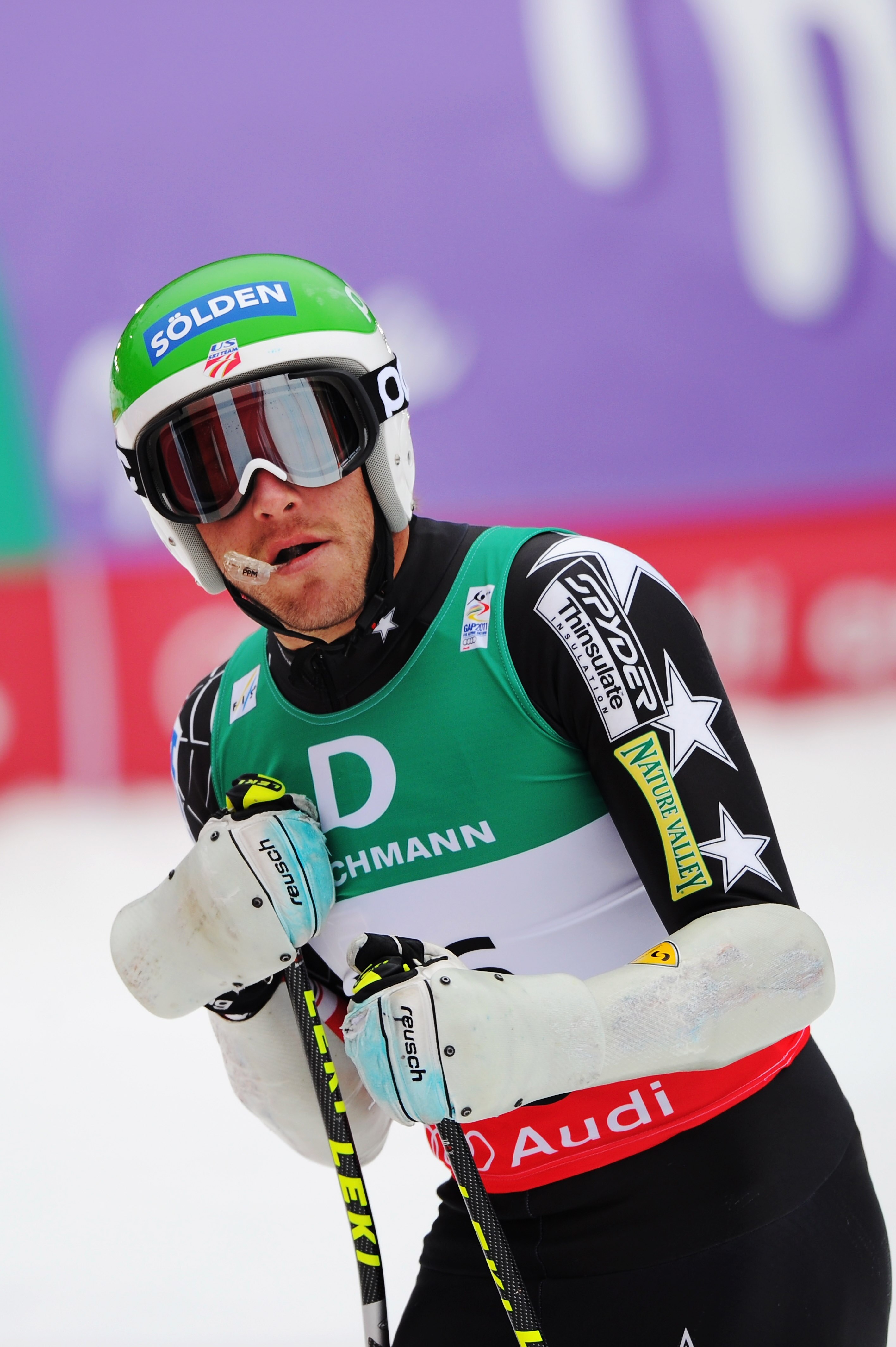 GARMISCH PARTENKIRCHEN, GERMANY - FEBRUARY 18:  Bode Miller of the United States of America reacts in the finish area after skiing in the Men's Giant Slalom during the Alpine FIS Ski World Championships on the Kandahar course on February 18, 2011 in Garmi