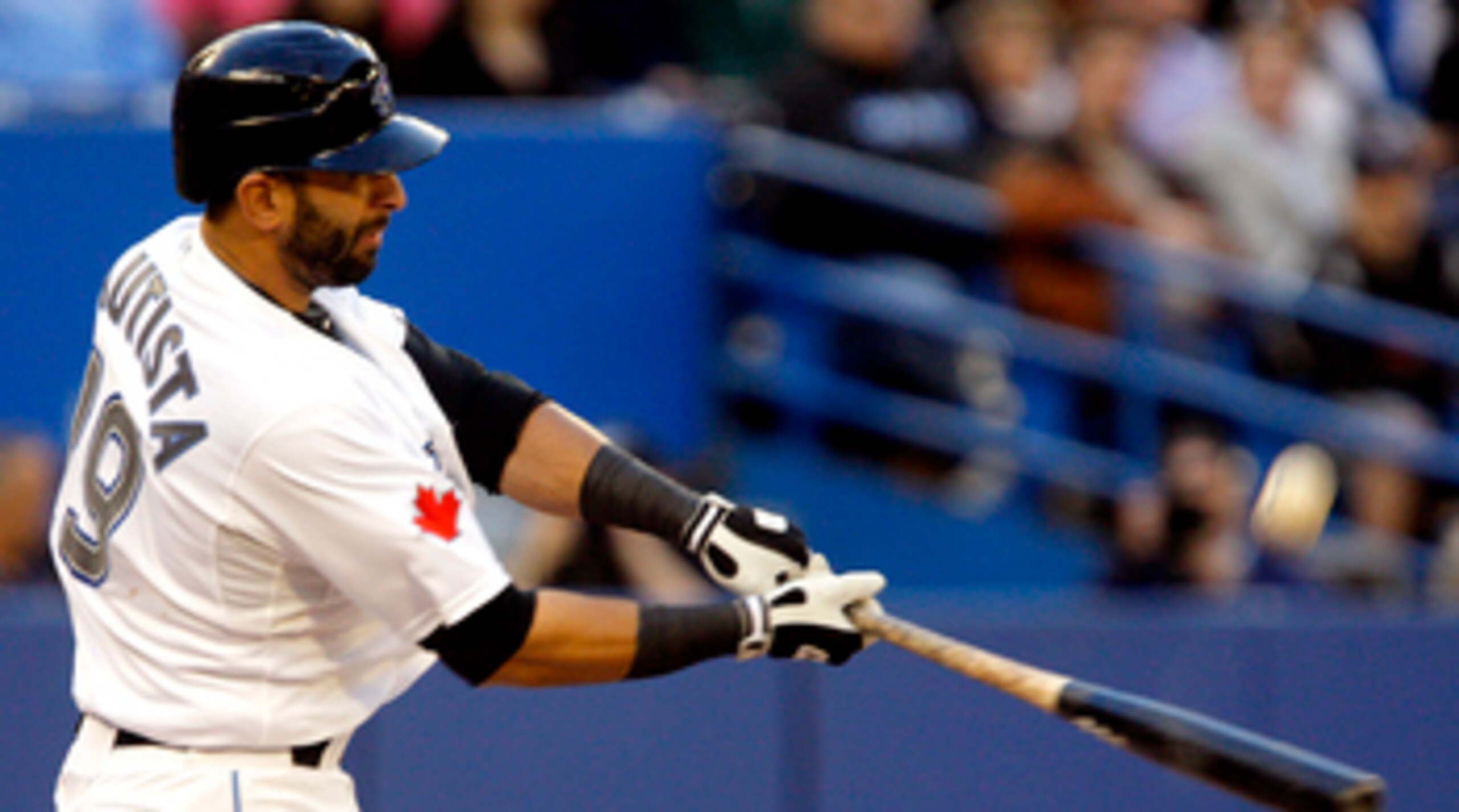 TORONTO, CANADA - MAY 9:  Jose Bautista #19 of the Toronto Blue Jays hits during MLB action against the Detroit Tigers at the Rogers Centre May 9, 2011 in Toronto, Ontario, Canada. (Photo by Abelimages/Getty Images)