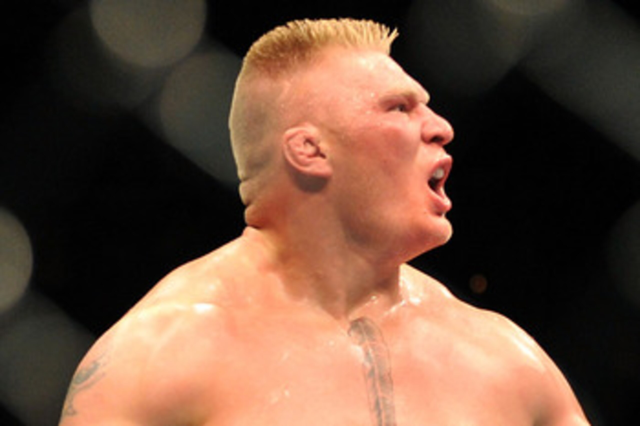 LAS VEGAS - JULY 11:  Brock Lesnar reacts after knocking out Frank Mir during their heavyweight title bout during UFC 100 on July 11, 2009 in Las Vegas, Nevada.  (Photo by Jon Kopaloff/Getty Images)