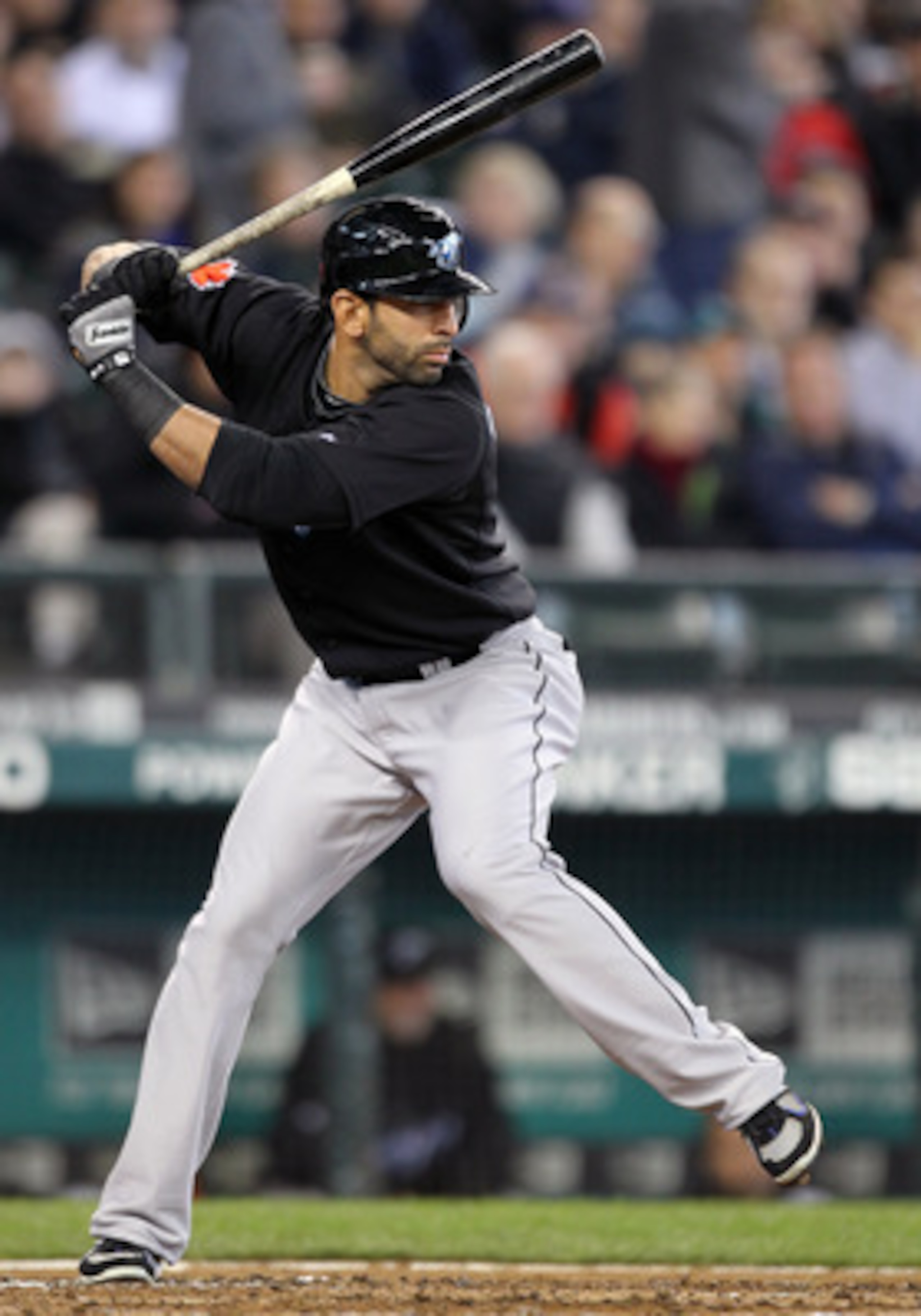 SEATTLE, WA - APRIL 13:  Jose Bautista #19 of the Toronto Blue Jays bats against the Seattle Mariners at Safeco Field on April 13, 2011 in Seattle, Washington. (Photo by Otto Greule Jr/Getty Images)