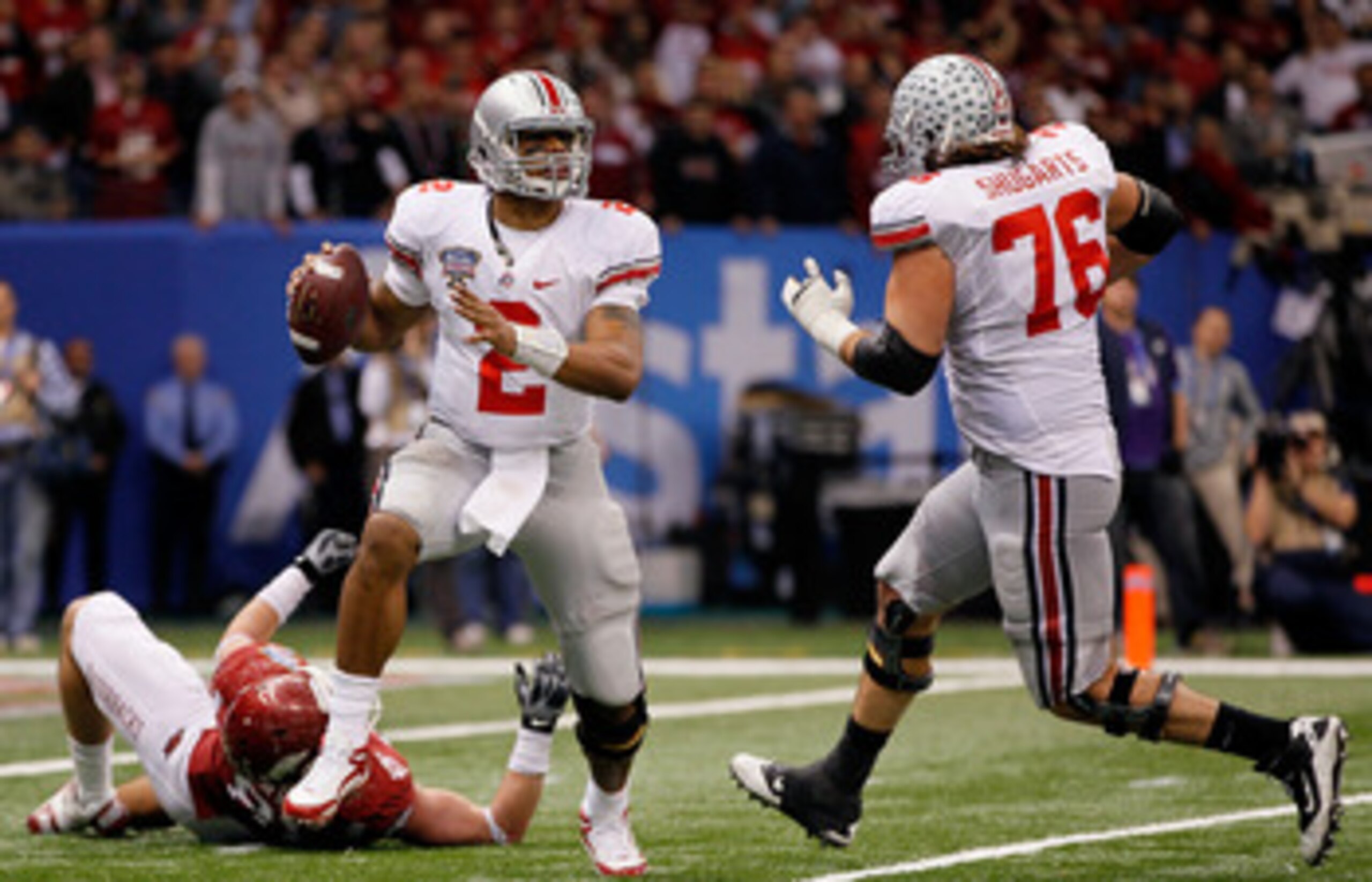 NEW ORLEANS, LA - JANUARY 04:  Quarterback Terrelle Pryor #2 of the Ohio State Buckeyes looks to run against the Arkansas Razorbacks during the Allstate Sugar Bowl at the Louisiana Superdome on January 4, 2011 in New Orleans, Louisiana.  (Photo by Kevin C