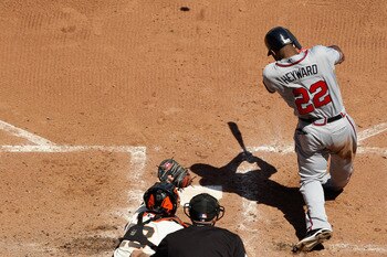 SAN FRANCISCO, CA - APRIL 24:  Jason Heyward #22 of the Atlanta Braves hits a three home run in the seventh inning against the San Francisco Giants at AT&T Park on April 24, 2011 in San Francisco, California.  (Photo by Ezra Shaw/Getty Images)