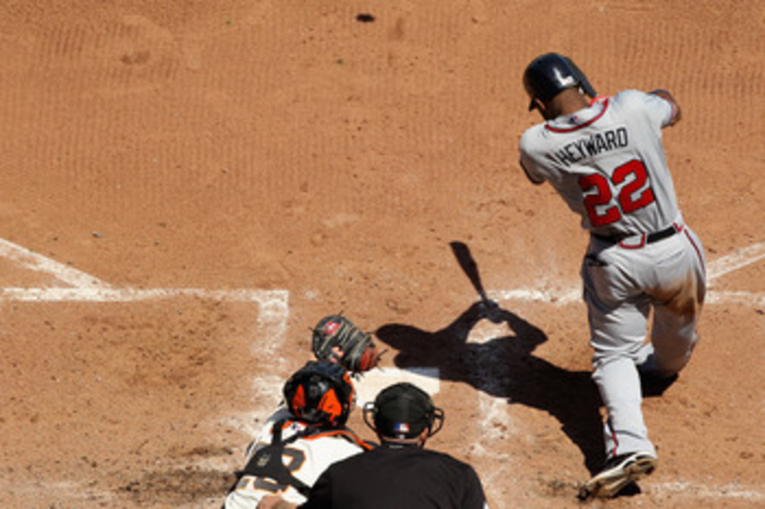 SAN FRANCISCO, CA - APRIL 24:  Jason Heyward #22 of the Atlanta Braves hits a three home run in the seventh inning against the San Francisco Giants at AT&T Park on April 24, 2011 in San Francisco, California.  (Photo by Ezra Shaw/Getty Images)