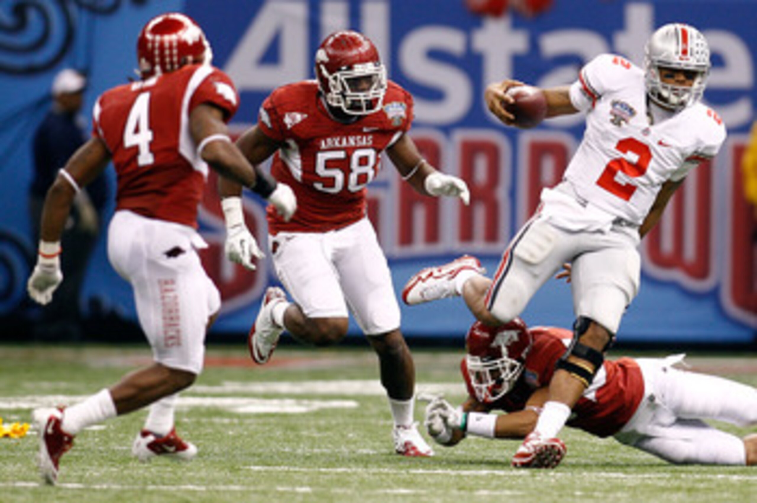 NEW ORLEANS, LA - JANUARY 04:  Quarterback Terrelle Pryor #2 of the Ohio State Buckeyes looks to run against the Arkansas Razorbacks during the Allstate Sugar Bowl at the Louisiana Superdome on January 4, 2011 in New Orleans, Louisiana.  (Photo by Chris G