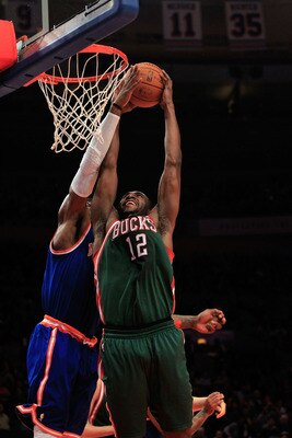 NEW YORK, NY - FEBRUARY 23:  Luc Mbah a Moute #12 of the Milwaukee Bucks goes up to the basket against the New York Knicks at Madison Square Garden on February 23, 2011 in New York City. NOTE TO USER: User expressly acknowledges and agrees that, by downlo