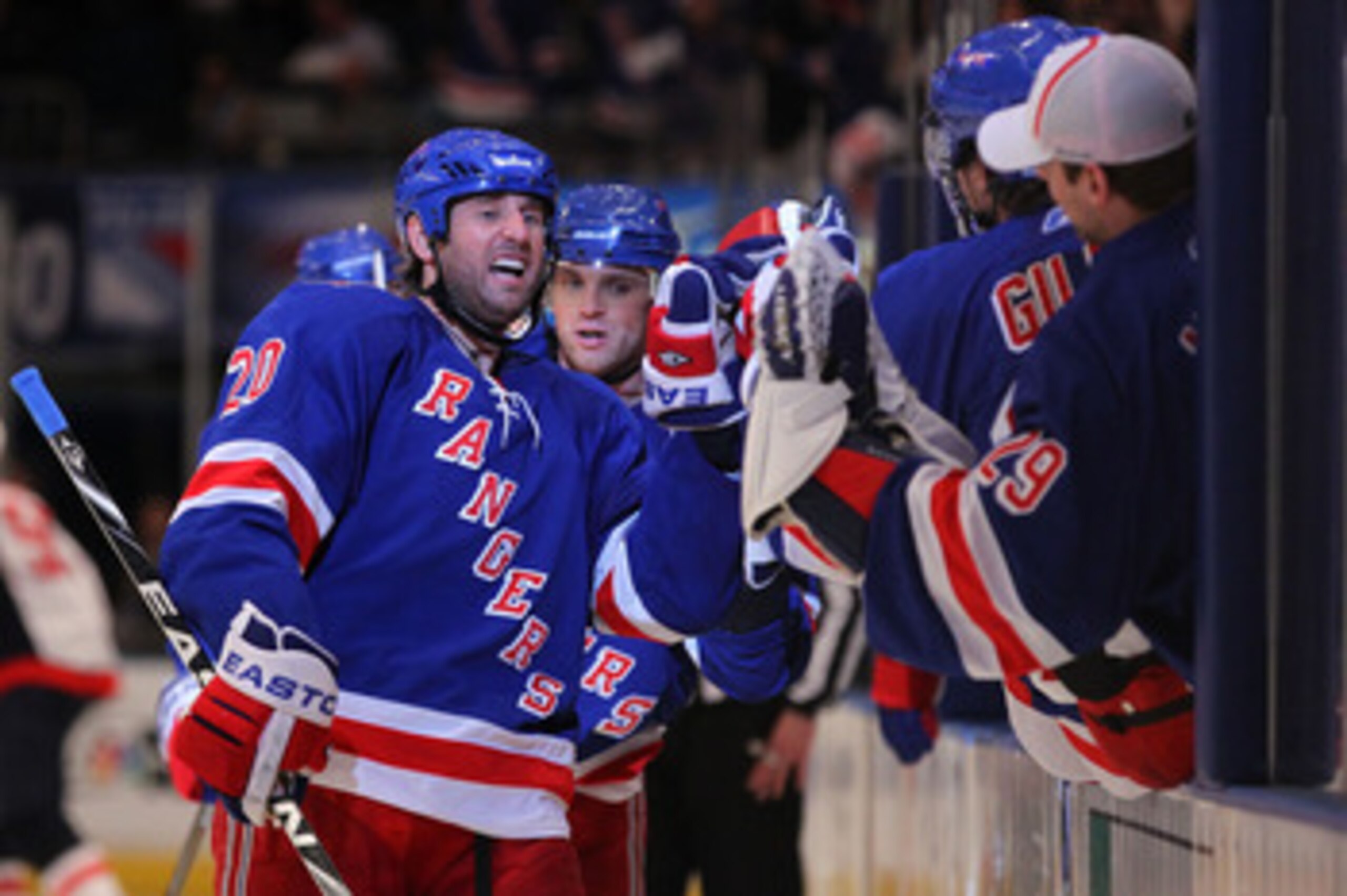 NEW YORK, NY - APRIL 17: Vaclav Prospal #20 of the New York Rangers celebrates with teammates after he scored a third period goal against the Washington Capitals in Game Three of the Eastern Conference Quarterfinals during the 2011 NHL Stanley Cup Playoff