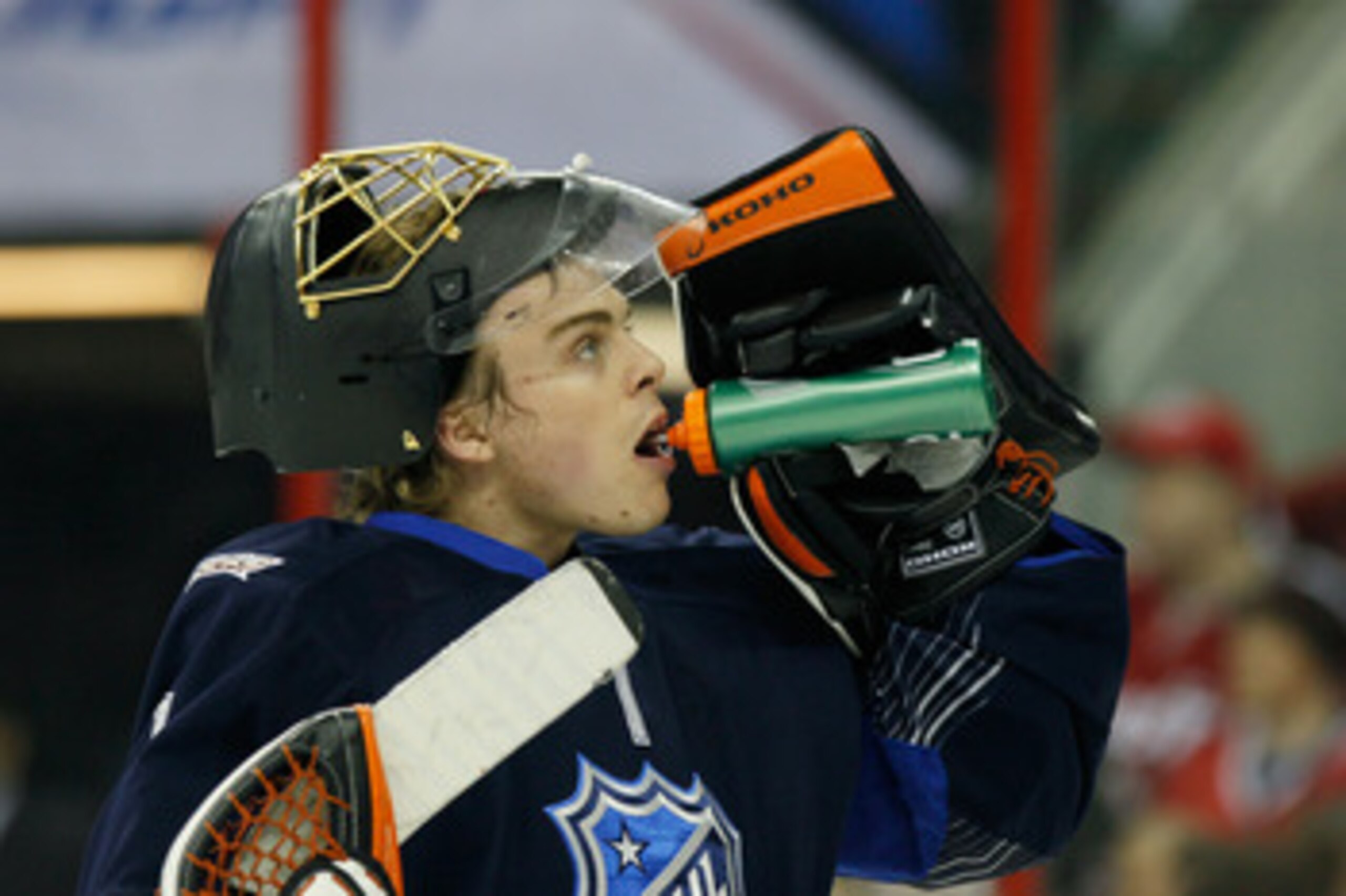 RALEIGH, NC - JANUARY 30:  Jonas Hiller #1 of the Anaheim Ducks and Team Lidstrom takes a break during their game against Team Staal in the 58th NHL All-Star Game at RBC Center on January 30, 2011 in Raleigh, North Carolina.  (Photo by Kevin C. Cox/Getty 