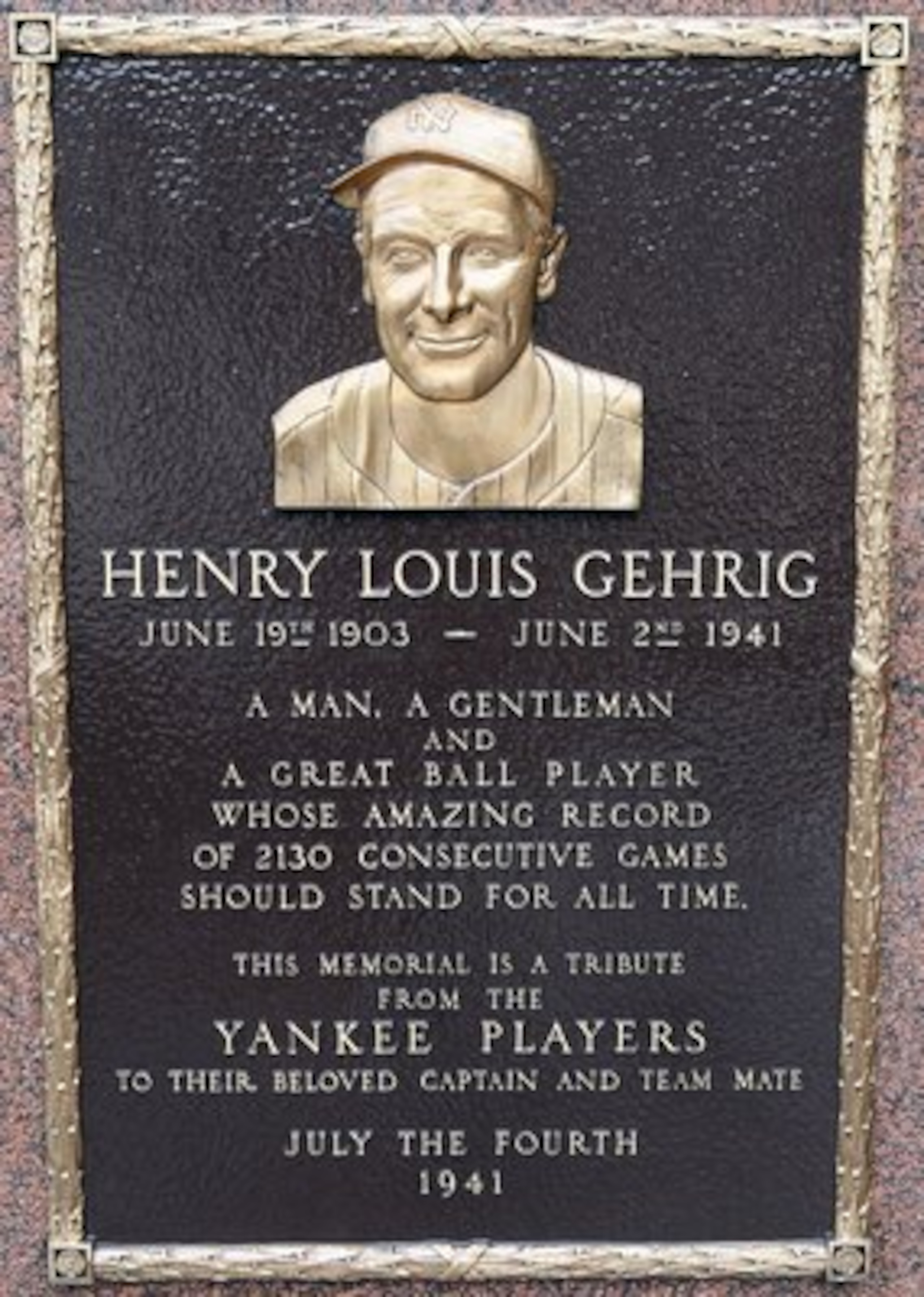 NEW YORK - MAY 02: The plaque of Lou Gehrig is seen in Monument Park at Yankee Stadium prior to game between the New York Yankees and the Chicago White Sox on May 2, 2010 in the Bronx borough of New York City. The Yankees defeated the White Sox 12-3. (P NEW YORK - MAY 02: The plaque of Lou Gehrig is seen in Monument Park at Yankee Stadium prior to game between the New York Yankees and the Chicago White Sox on May 2, 2010 in the Bronx borough of New York City. The Yankees defeated the White Sox 12-3. (P