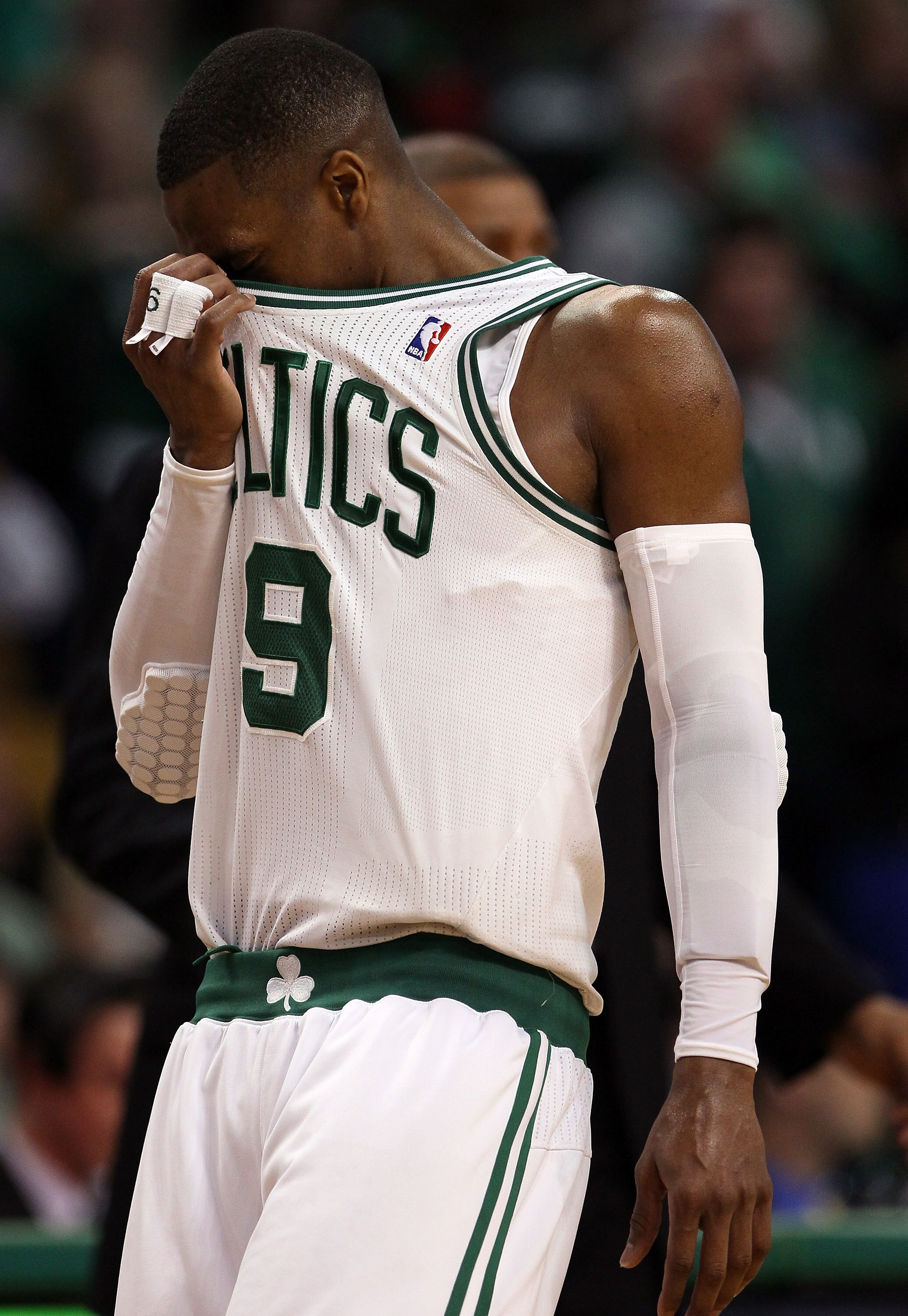 BOSTON, MA - MAY 07: Rajon Rondo #9 of the Boston Celtics walks off the court after Game Three of the Eastern Conference Semifinals in the 2011 NBA Playoffs on May 7, 2011 at the TD Garden in Boston, Massachusetts.  The Boston Celtics defeated the Miami H