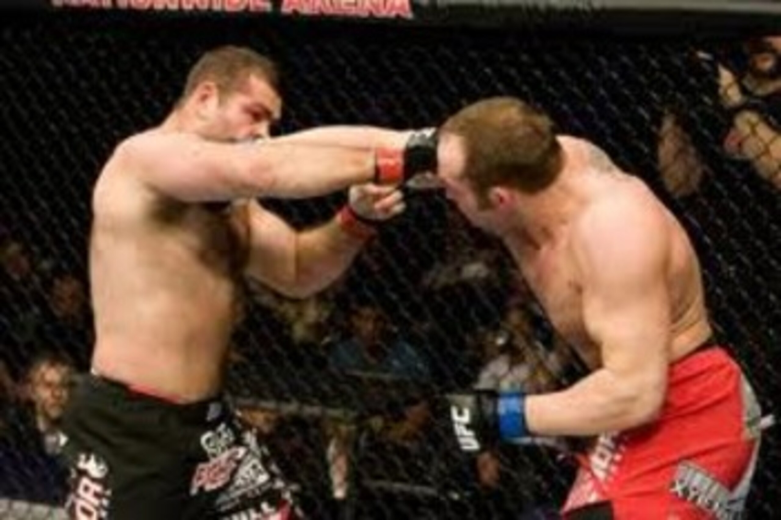 Shane Carwin delivering a vicious right to the chin of Gabriel Gonzaga