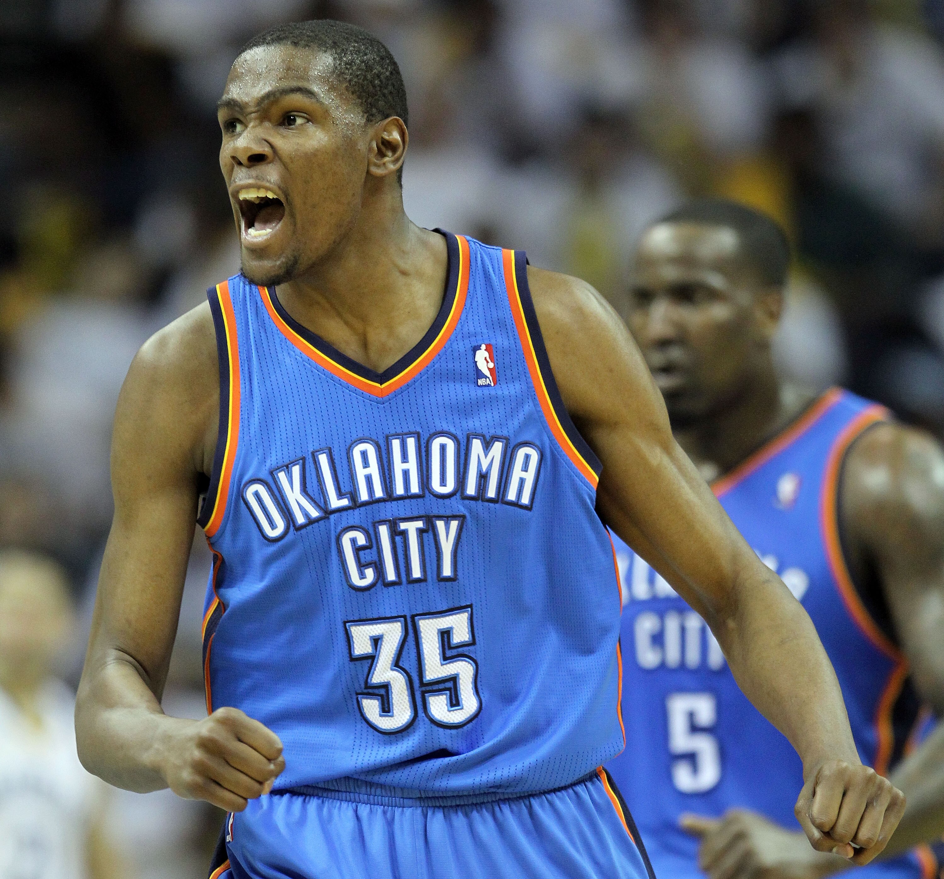 MEMPHIS, TN - MAY 09:  Kevin Durant #35 of the Oklahoma City Thunder celebrates during the game against the Memphis Grizzlies in Game Four of the Western Conference Semifinals in the 2011 NBA Playoffs at FedExForum on May 9, 2011 in Memphis, Tennessee.The