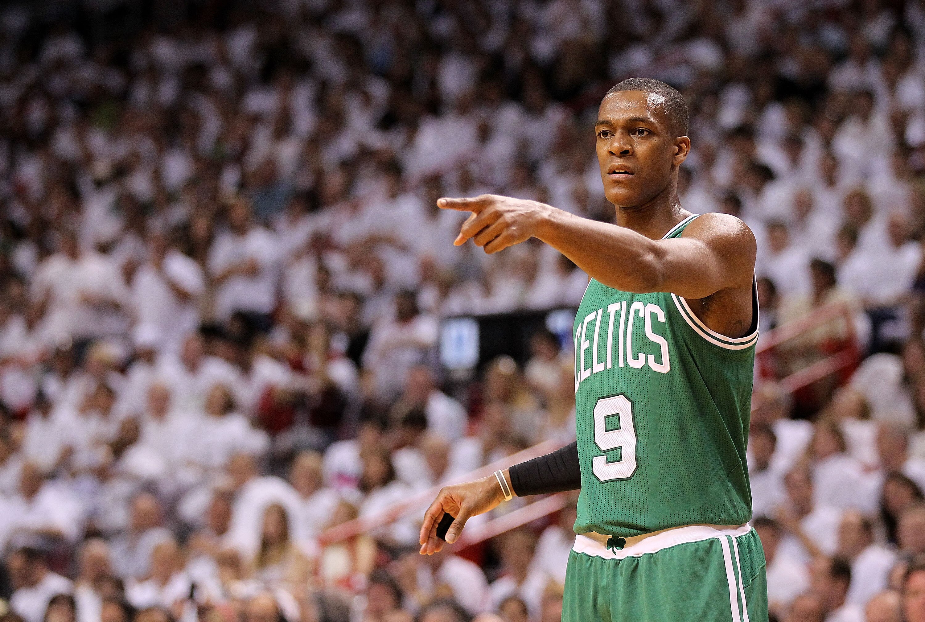MIAMI, FL - MAY 01:  Rajon Rondo #9  of the Boston Celtics points during Game One of the Eastern Conference Semifinals of the 2011 NBA Playoffs against the Miami Heat at American Airlines Arena on May 1, 2011 in Miami, Florida. NOTE TO USER: User expressl