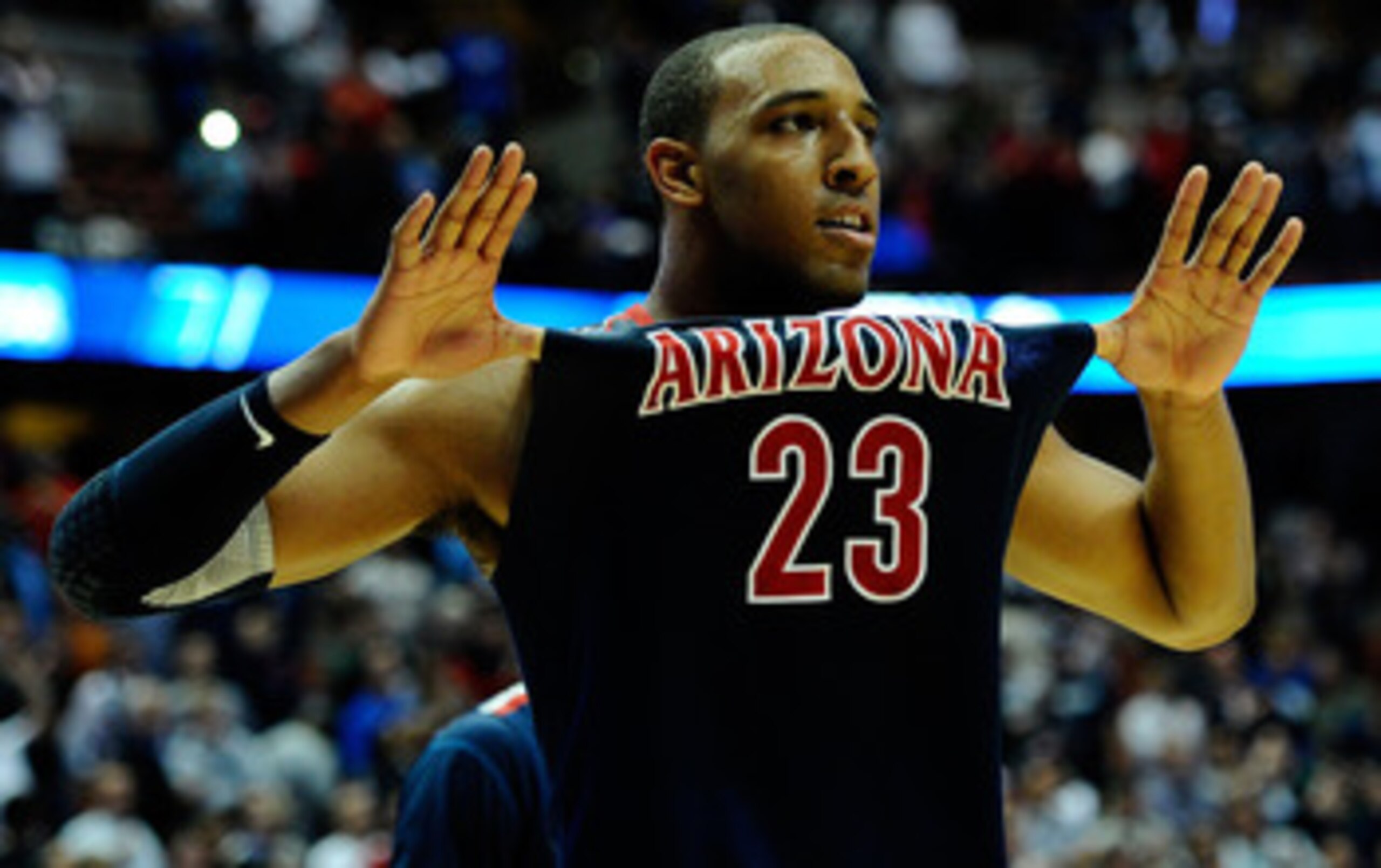 ANAHEIM, CA - MARCH 24: Derrick Williams #23 of the Arizona Wildcats reacts after defeating the Duke Blue Devils during the west regional semifinal of the 2011 NCAA men's basketball tournament at the Honda Center on March 24, 2011 in Anaheim, California. ANAHEIM, CA - MARCH 24: Derrick Williams #23 of the Arizona Wildcats reacts after defeating the Duke Blue Devils during the west regional semifinal of the 2011 NCAA men's basketball tournament at the Honda Center on March 24, 2011 in Anaheim, California.