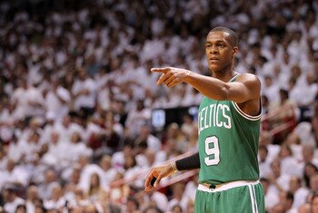 MIAMI, FL - MAY 01:  Rajon Rondo #9  of the Boston Celtics points during Game One of the Eastern Conference Semifinals of the 2011 NBA Playoffs against the Miami Heat at American Airlines Arena on May 1, 2011 in Miami, Florida. NOTE TO USER: User expressl