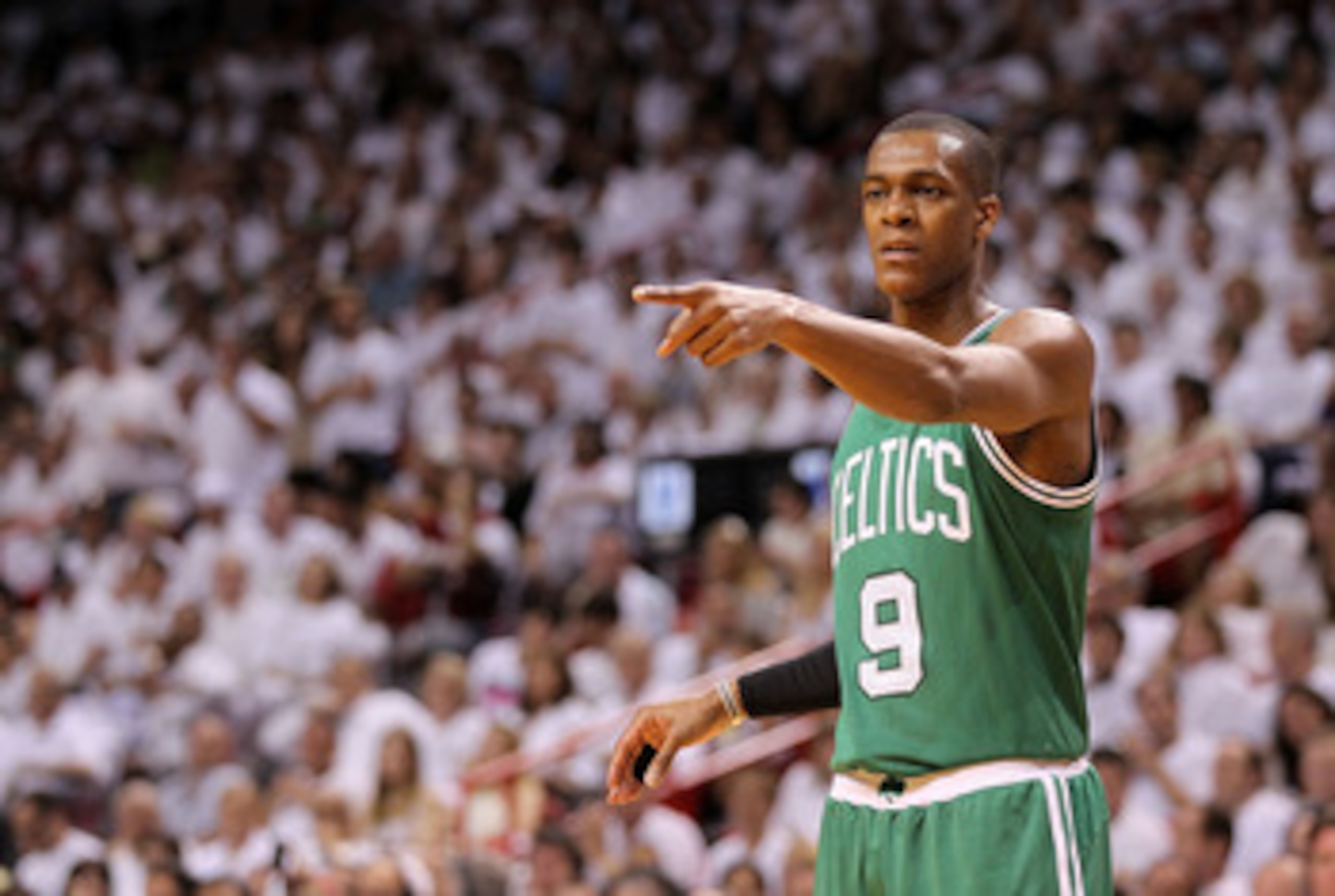 MIAMI, FL - MAY 01:  Rajon Rondo #9  of the Boston Celtics points during Game One of the Eastern Conference Semifinals of the 2011 NBA Playoffs against the Miami Heat at American Airlines Arena on May 1, 2011 in Miami, Florida. NOTE TO USER: User expressl