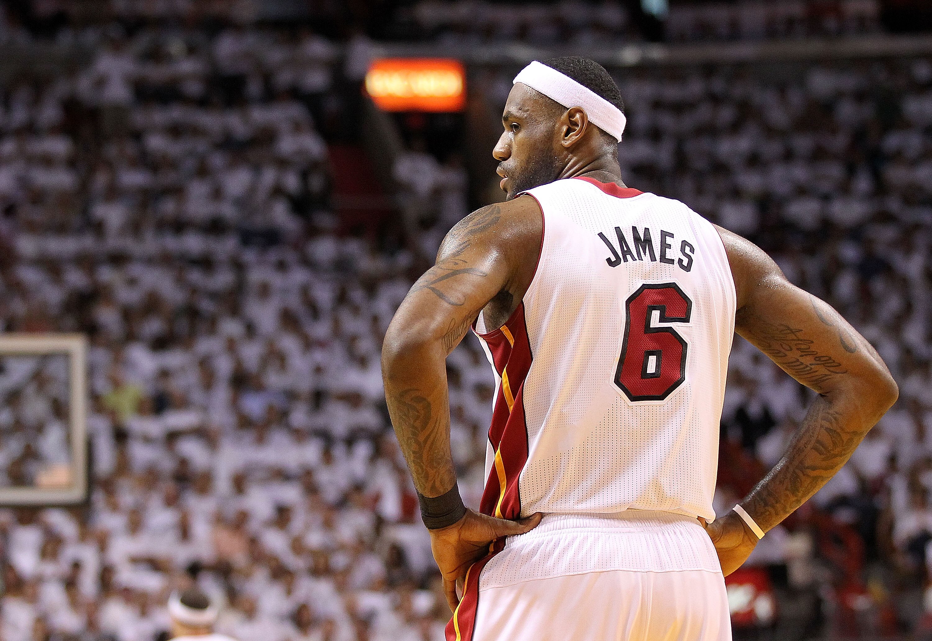 MIAMI, FL - MAY 11:  LeBron James #6 of the Miami Heat looks on during Game Five of the Eastern Conference Semifinals of the 2011 NBA Playoffs against the Boston Celtics at American Airlines Arena on May 11, 2011 in Miami, Florida. NOTE TO USER: User expr