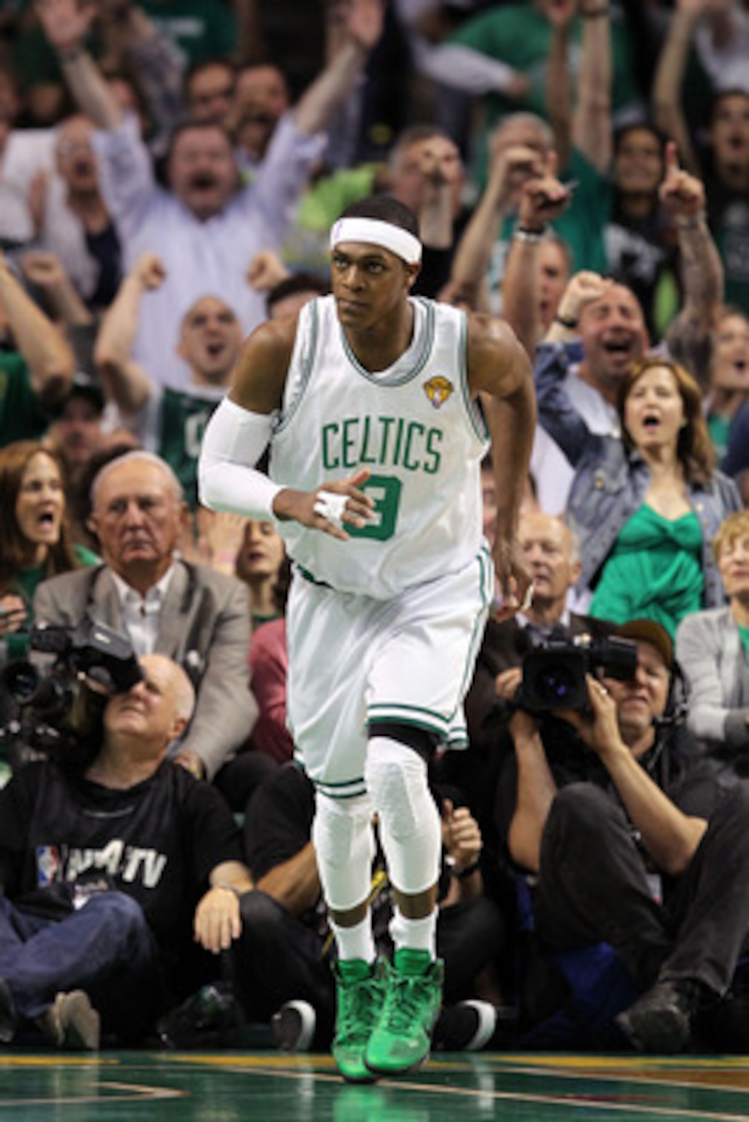 BOSTON - JUNE 08:  Rajon Rondo #9 of the Boston Celtics runs up court after making a play against the Los Angeles Lakers Game Three of the 2010 NBA Finals on June 8, 2010 at TD Garden in Boston, Massachusetts. NOTE TO USER: User expressly acknowledges and