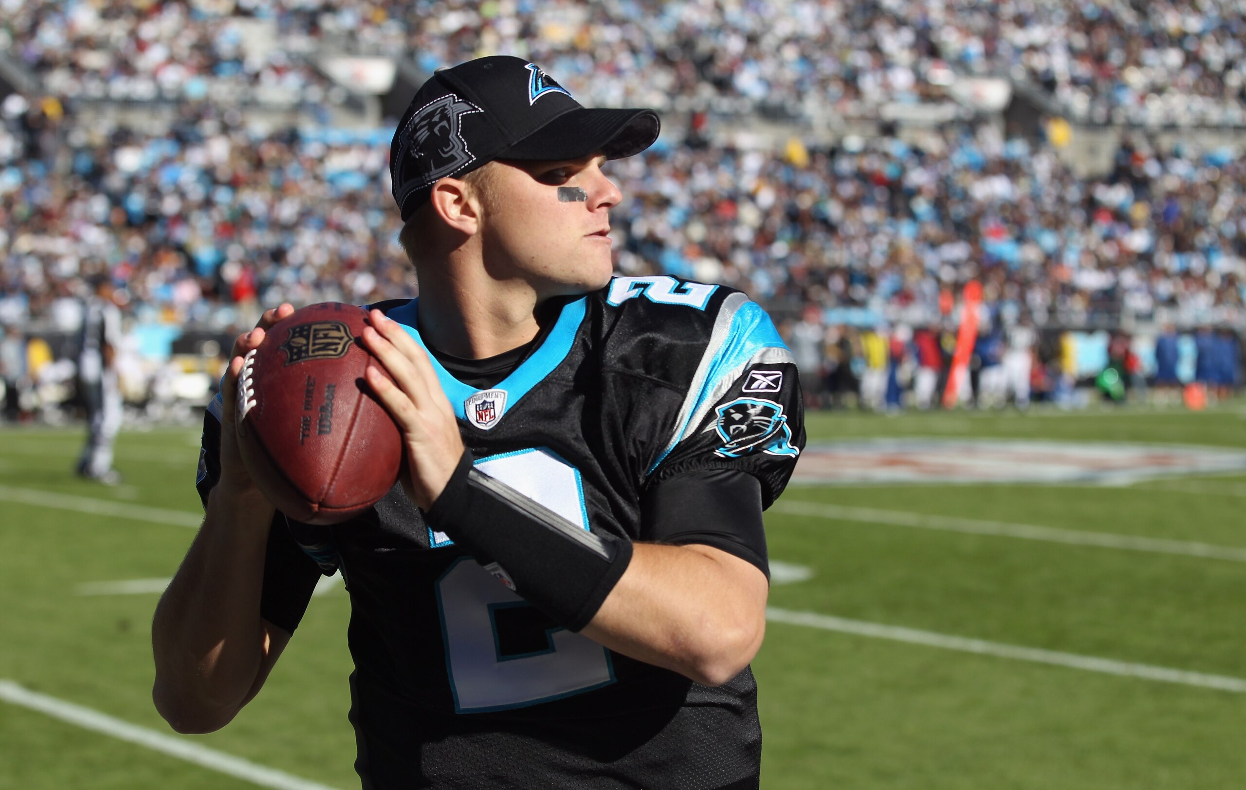 CHARLOTTE, NC - NOVEMBER 07:  Jimmy Clausen #2 of the Carolina Panthers against the New Orleans Saints during their game at Bank of America Stadium on November 7, 2010 in Charlotte, North Carolina.  (Photo by Streeter Lecka/Getty Images)