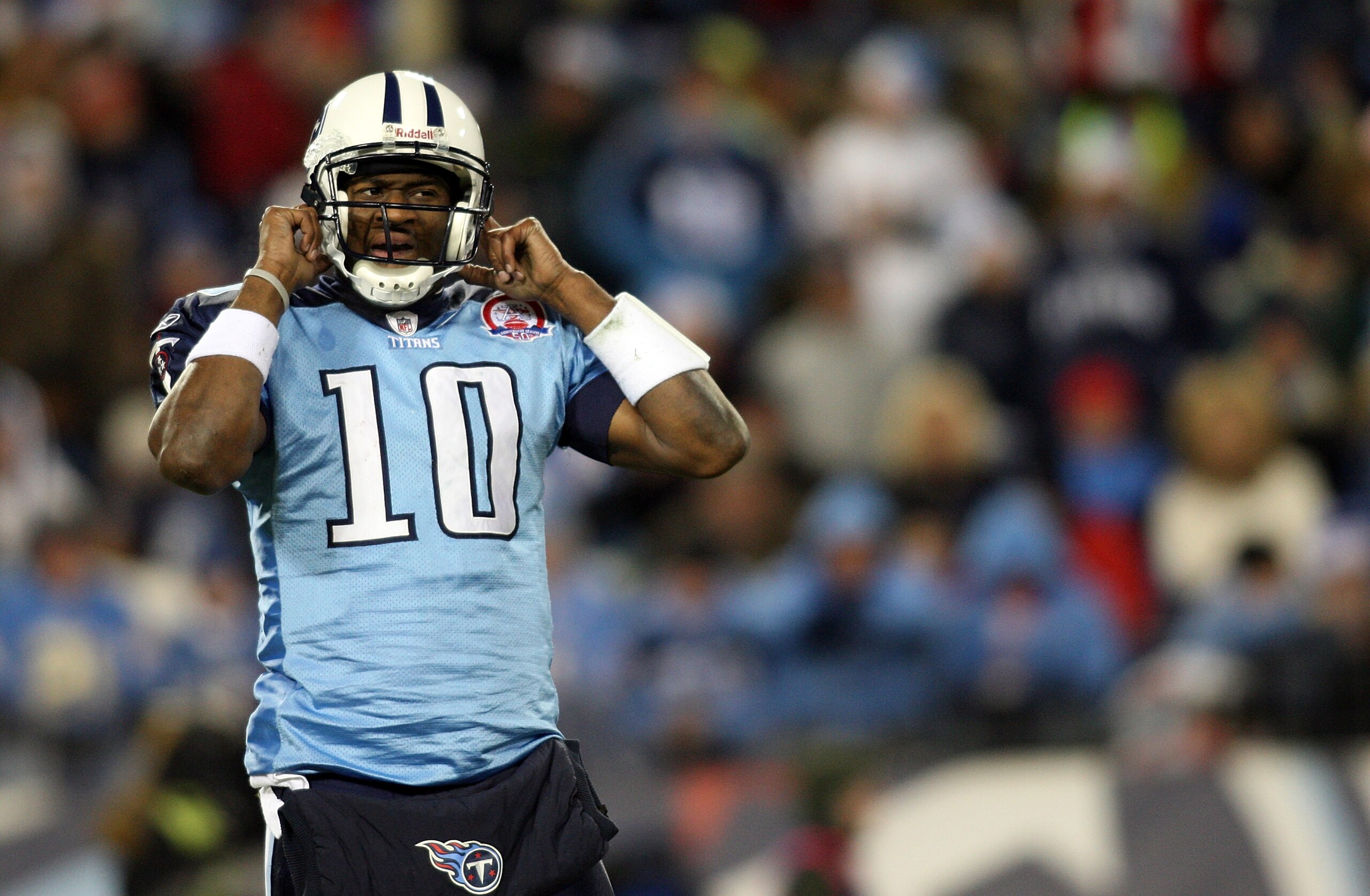 NASHVILLE, TN - DECEMBER 25: Vince Young #10 of the Tennessee Titans looks to the sidelines during the Titans loss to the San Diego Chargers on December 25, 2009 at LP Field in Nashville, Tennessee. (Photo by Rex Brown/Getty Images)