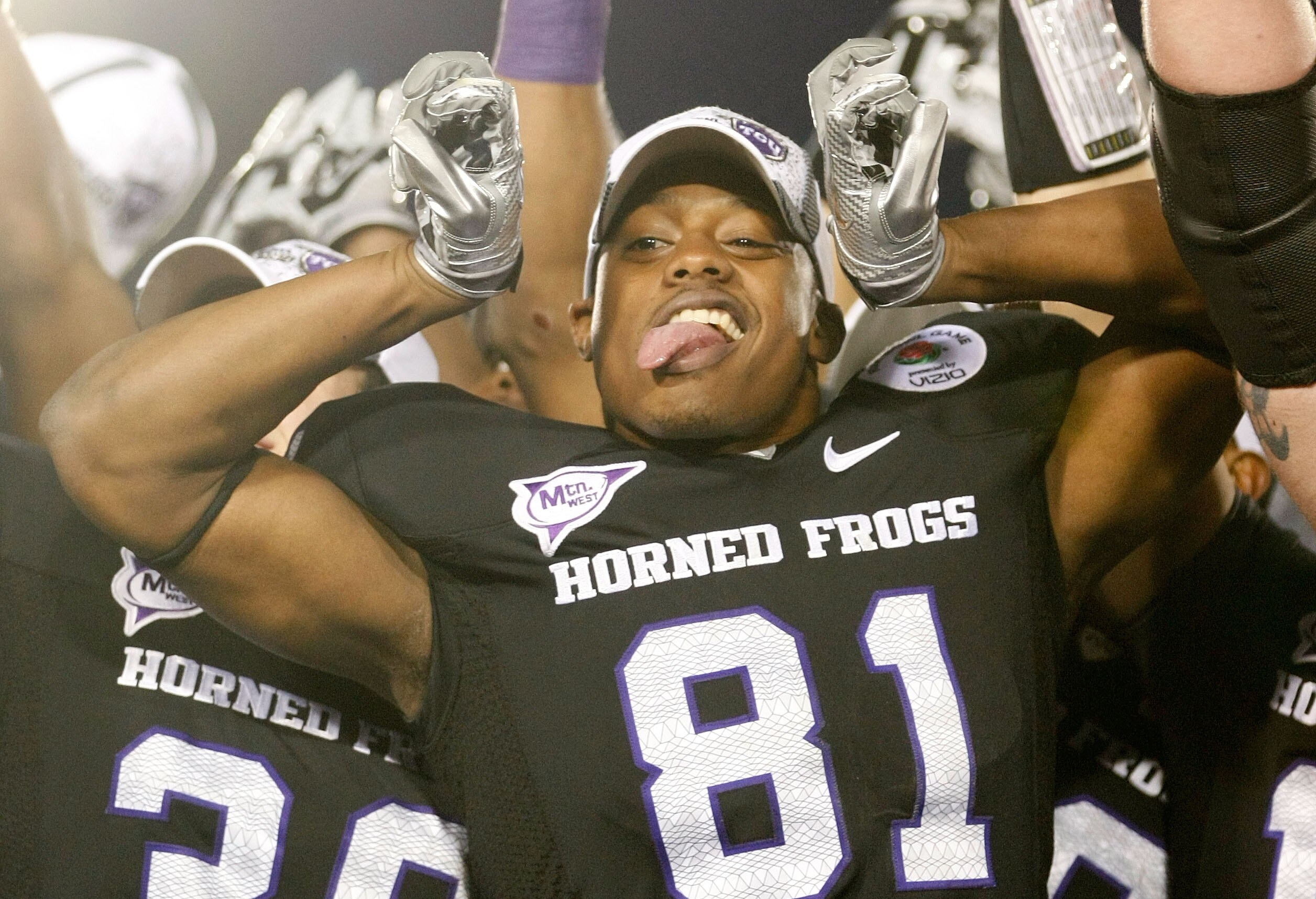 PASADENA, CA - JANUARY 01:  Wide receiver Alonzo Adams #81 of the TCU Horned Frogs celebrates after defeating the Wisconsin Badgers 21-19 in the 97th Rose Bowl game on January 1, 2011 in Pasadena, California.  (Photo by Jeff Gross/Getty Images)