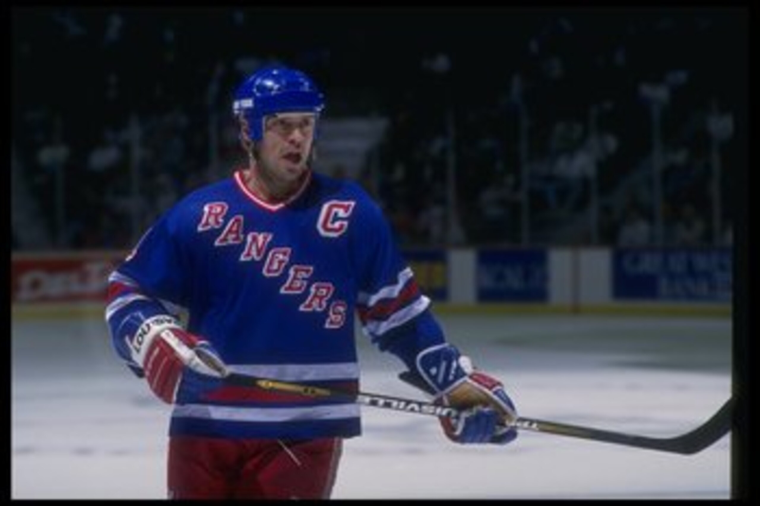 1993-1994: Center Mark Messier of the New York Rangers looks on during a game against the Anaheim Mighty Ducks at Arrowhead Pond in Anaheim, California. Mandatory Credit: Glenn Cratty /Allsport 1993-1994: Center Mark Messier of the New York Rangers looks on during a game against the Anaheim Mighty Ducks at Arrowhead Pond in Anaheim, California. Mandatory Credit: Glenn Cratty /Allsport