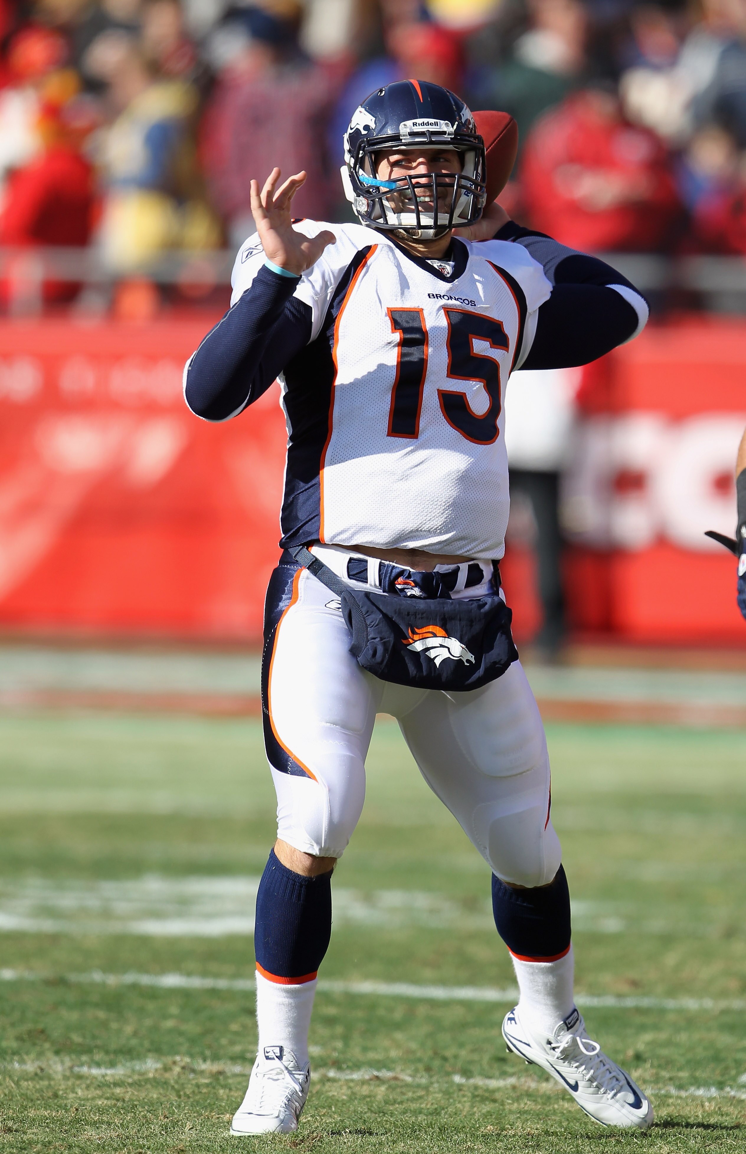 KANSAS CITY, MO - DECEMBER 05:  Quarterback Tim Tebow #15 of the Denver Broncos during warm-ups prior to the start of the game against the Kansas City Chiefs on December 5, 2010 at Arrowhead Stadium in Kansas City, Missouri.  (Photo by Jamie Squire/Getty