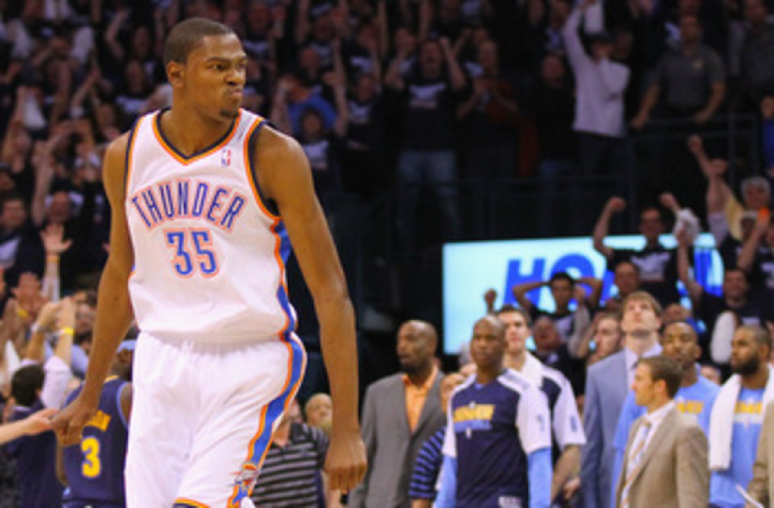 OKLAHOMA CITY, OK - APRIL 27: Kevin Durant #35 of the Oklahoma City Thunder looks to the bench after hitting a key three-point shot against the Denver Nuggets in Game Five of the Western Conference Quarterfinals in the 2011 NBA Playoffs on April 27, 2011