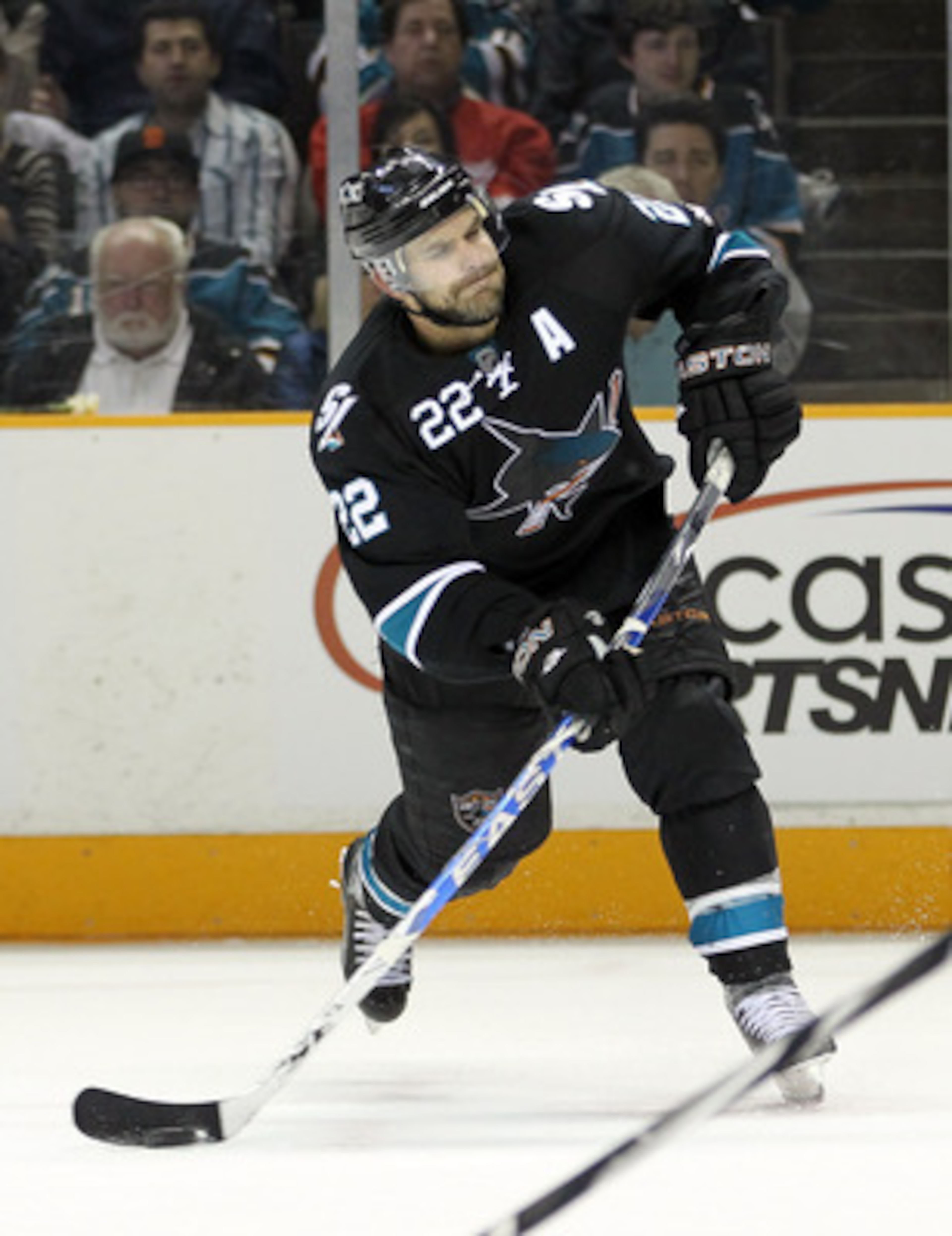 SAN JOSE, CA - MAY 08:  Dan Boyle #22 of the San Jose Sharks in action against the Detroit Red Wings in Game Five of the Western Conference Semifinals during the 2011 NHL Stanley Cup Playoffs at HP Pavilion on May 8, 2011 in San Jose, California.  (Photo