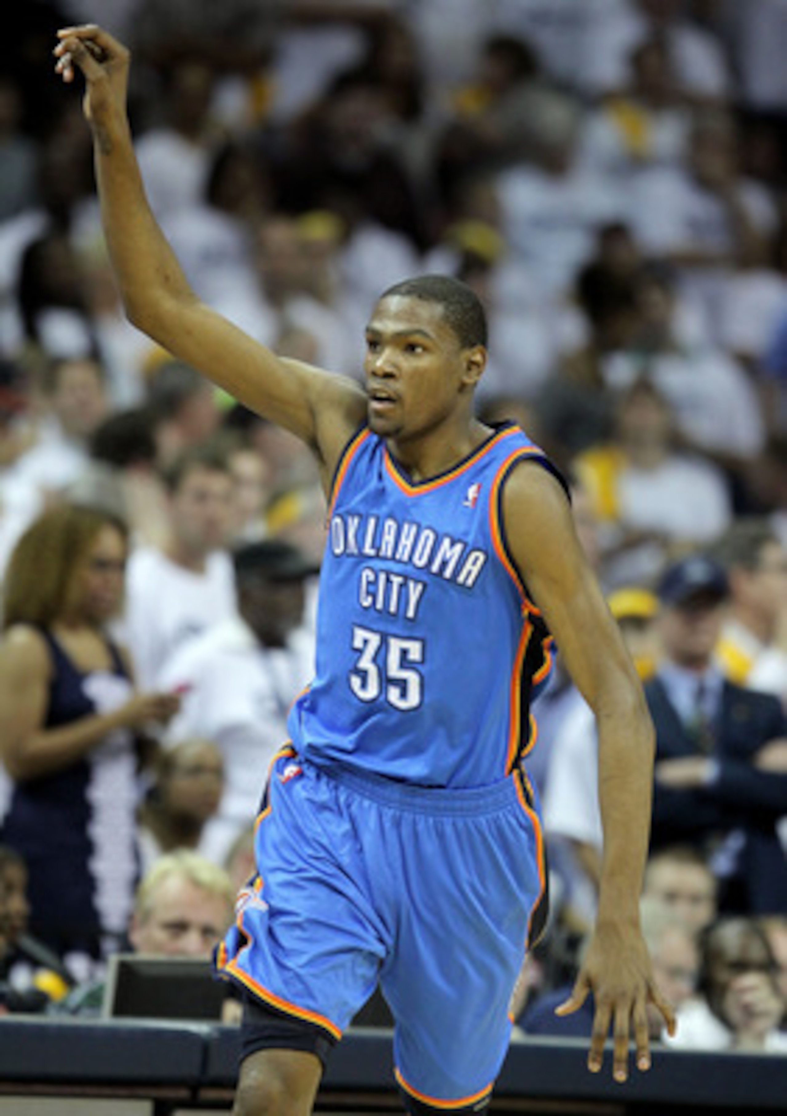 MEMPHIS, TN - MAY 09:  Kevin Durant #35 of the Oklahoma City Thunder celebrates during the game against the Memphis Grizzlies in Game Four of the Western Conference Semifinals in the 2011 NBA Playoffs at FedExForum on May 9, 2011 in Memphis, Tennessee.The