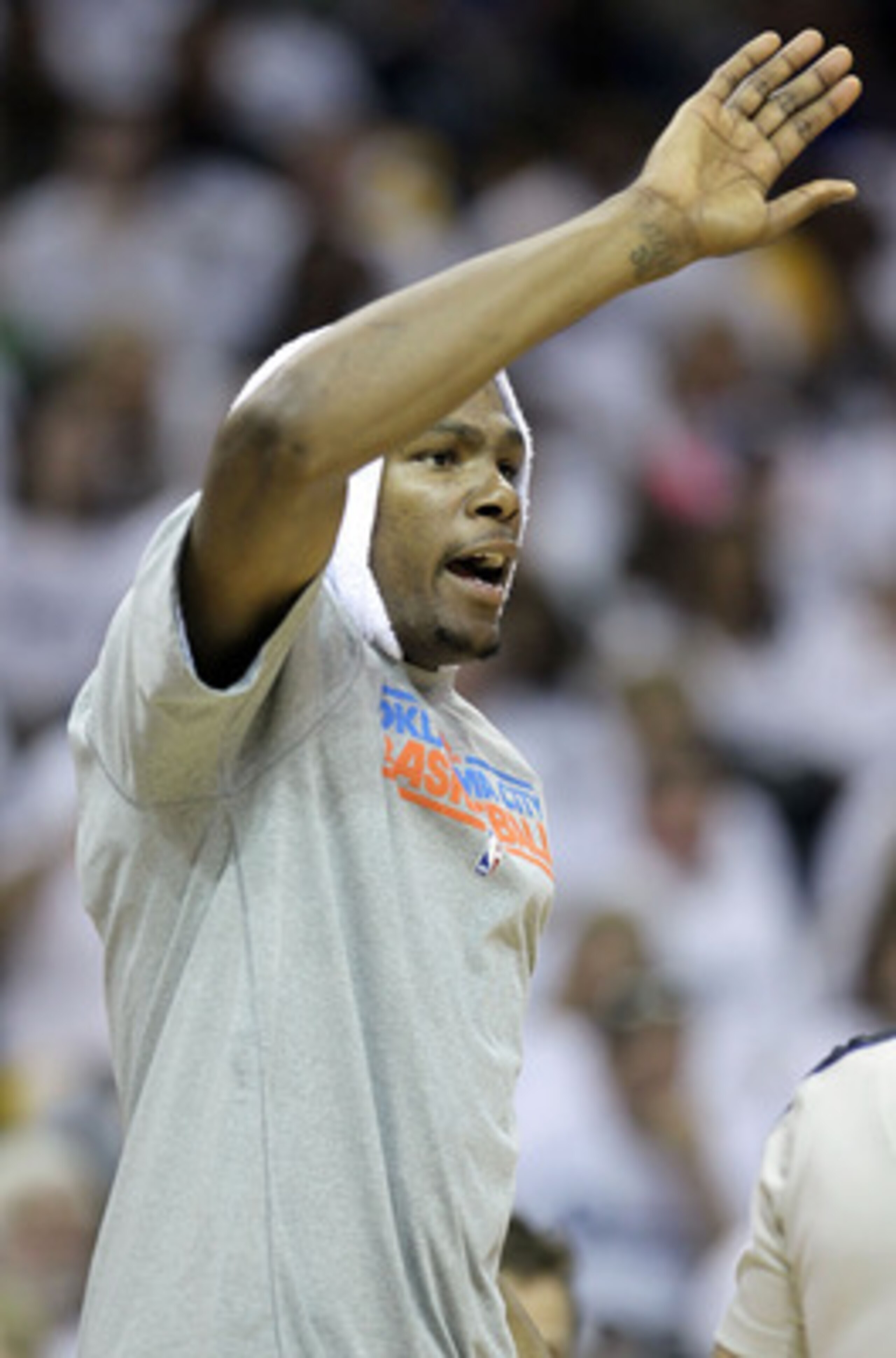 MEMPHIS, TN - MAY 07:  Kevin Durant #35 of the Oklahoma City Thunder celebrates during the game against the Memphis Grizzlies in Game Three of the Western Conference Semifinals in the 2011 NBA Playoffs at FedExForum on May 7, 2011 in Memphis, Tennessee. N