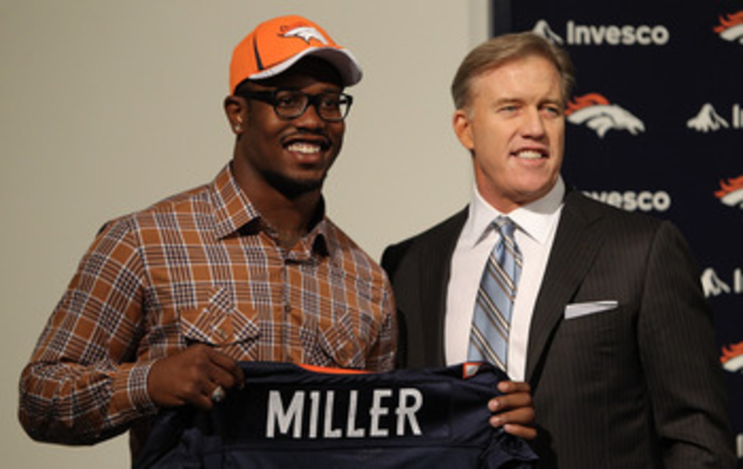 ENGLEWOOD, CO - APRIL 29:  Von Miller of the Denver Broncos is presented to the media for the first time with vice president of football operations John Elway at Dove Valley on April 29, 2011 in Englewood, Colorado. Miller, a projected outside linebacker 