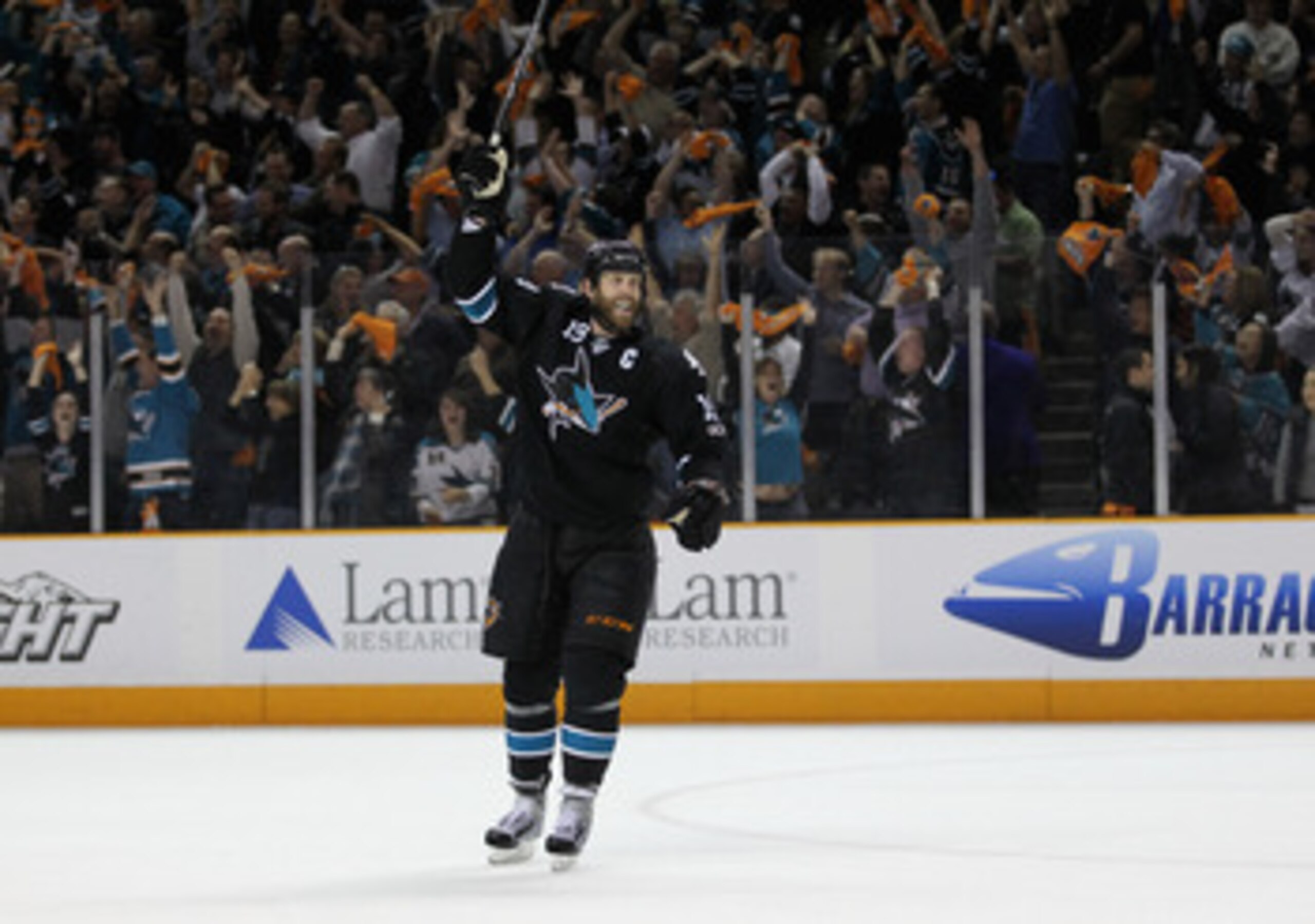 SAN JOSE, CA - MAY 12:  Joe Thornton #19 of the San Jose Sharks celebrates after they beat the Detroit Red Wings in Game Seven of the Western Conference Semifinals during the 2011 NHL Stanley Cup Playoffs at HP Pavilion on May 12, 2011 in San Jose, Califo