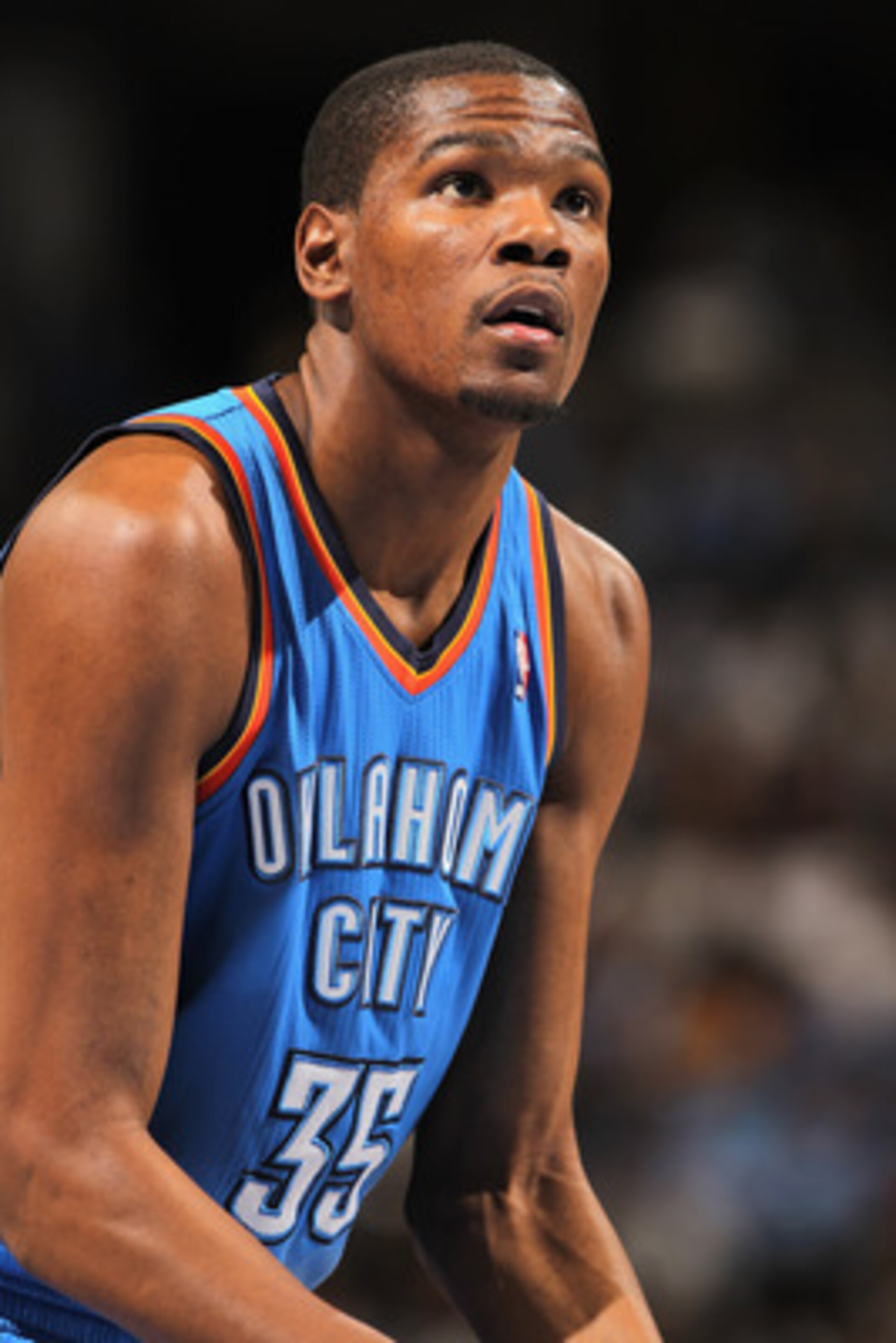 DENVER, CO - APRIL 23:  Kevin Durant #35 of the Oklahoma City Thunder looks on against the Denver Nuggets in Game Three of the Western Conference Quarterfinals in the 2011 NBA Playoffs on April 23, 2011 at the Pepsi Center in Denver, Colorado. NOTE TO USE