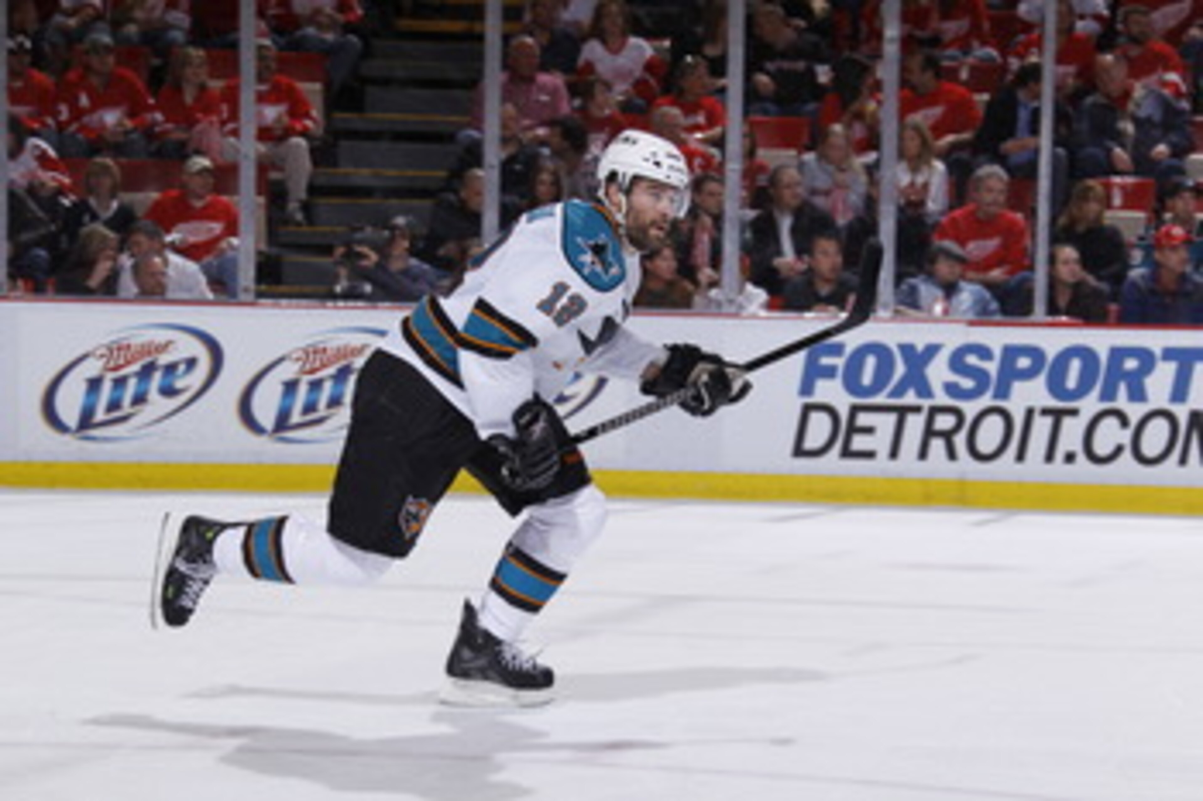 DETROIT - MAY 6: Patrick Marleau #12 of the San Jose Sharks skates against the Detroit Red Wings in Game Four of the Western Conference Semifinals during the 2011 NHL Stanley Cup Playoffs on May 6, 2011 at Joe Louis Arena in Detroit, Michigan. (Photo by G