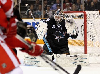SAN JOSE, CA - MAY 12:  Antti Niemi #31 of the San Jose Sharks watches the puck during their game against the Detroit Red Wings in Game Seven of the Western Conference Semifinals during the 2011 NHL Stanley Cup Playoffs at HP Pavilion on May 12, 2011 in S