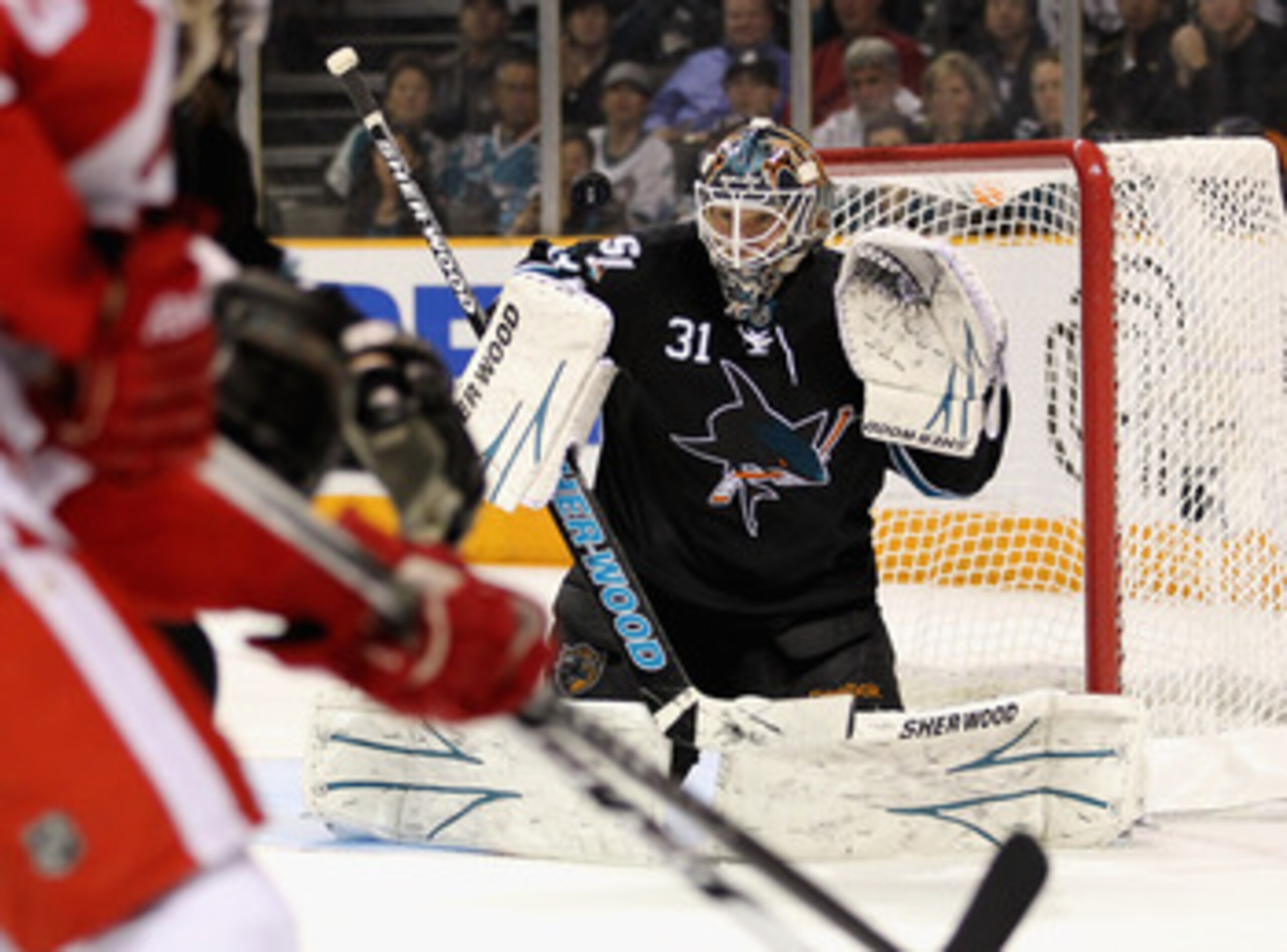 SAN JOSE, CA - MAY 12:  Antti Niemi #31 of the San Jose Sharks watches the puck during their game against the Detroit Red Wings in Game Seven of the Western Conference Semifinals during the 2011 NHL Stanley Cup Playoffs at HP Pavilion on May 12, 2011 in S