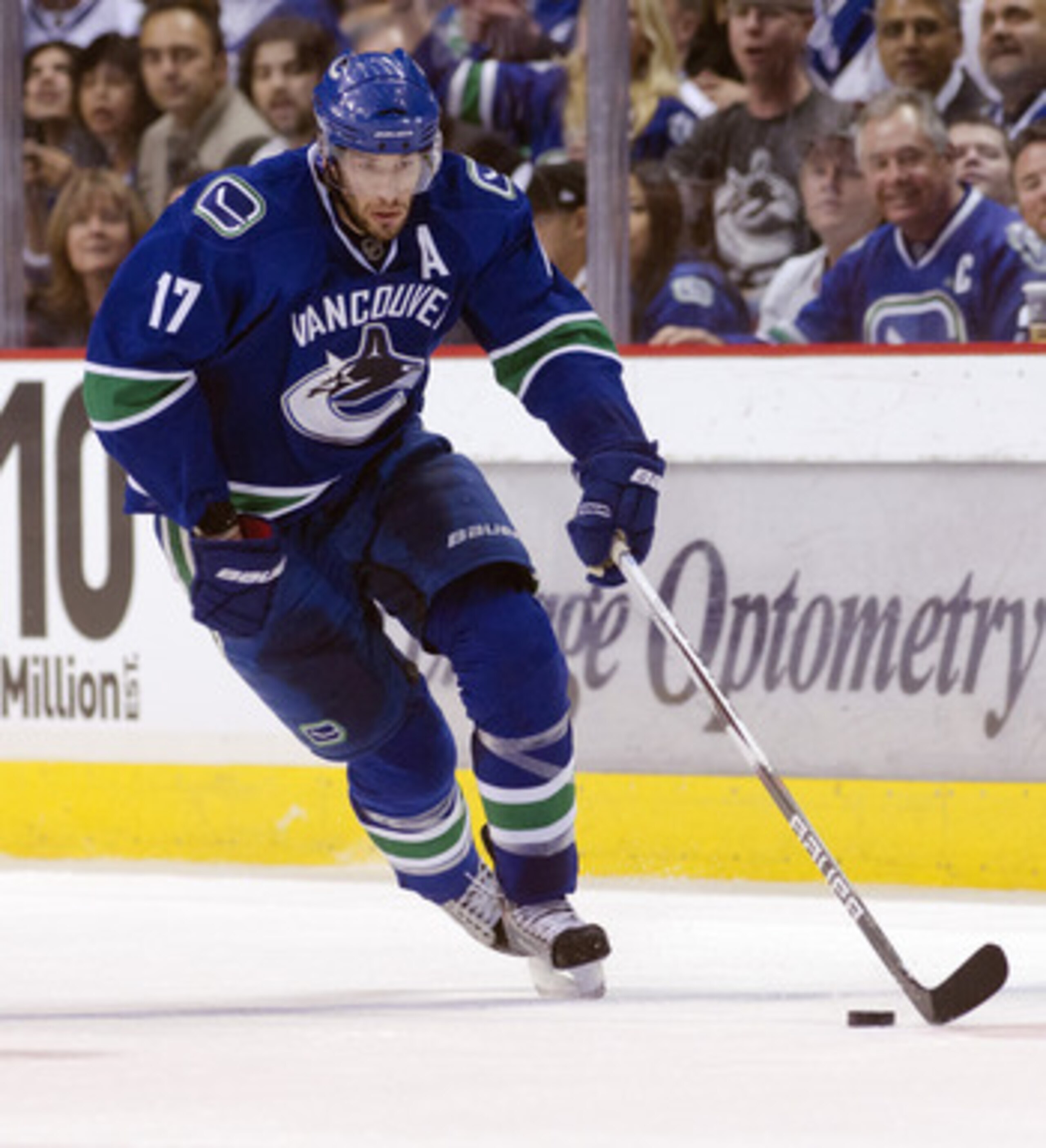 VANCOUVER, CANADA - APRIL 28: Ryan Kesler #17 of the Vancouver Canucks skates with the puck during Game One of the Western Conference Semifinals against the Nashville Predators during the 2011 NHL Stanley Cup Playoffs on April 28, 2011 at Rogers Arena in 