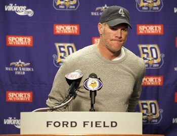 DETROIT, MI - JANUARY 02: Brett Favre #4 of the Minnesota Vikings talks at a post game press conference after a 13-20 loss to the Detroit Lions at Ford Field on January 2, 2011 in Detroit, Michigan. (Photo by Gregory Shamus/Getty Images) DETROIT, MI - JANUARY 02: Brett Favre #4 of the Minnesota Vikings talks at a post game press conference after a 13-20 loss to the Detroit Lions at Ford Field on January 2, 2011 in Detroit, Michigan. (Photo by Gregory Shamus/Getty Images)