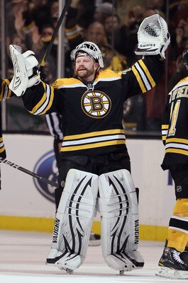 BOSTON, MA - MAY 06:  Tim Thomas #30 of the Boston Bruins celebrates the win over the Philadelphia Flyers in Game Four of the Eastern Conference Semifinals during the 2011 NHL Stanley Cup Playoffs at TD Garden on May 6, 2011 in Boston, Massachusetts. The