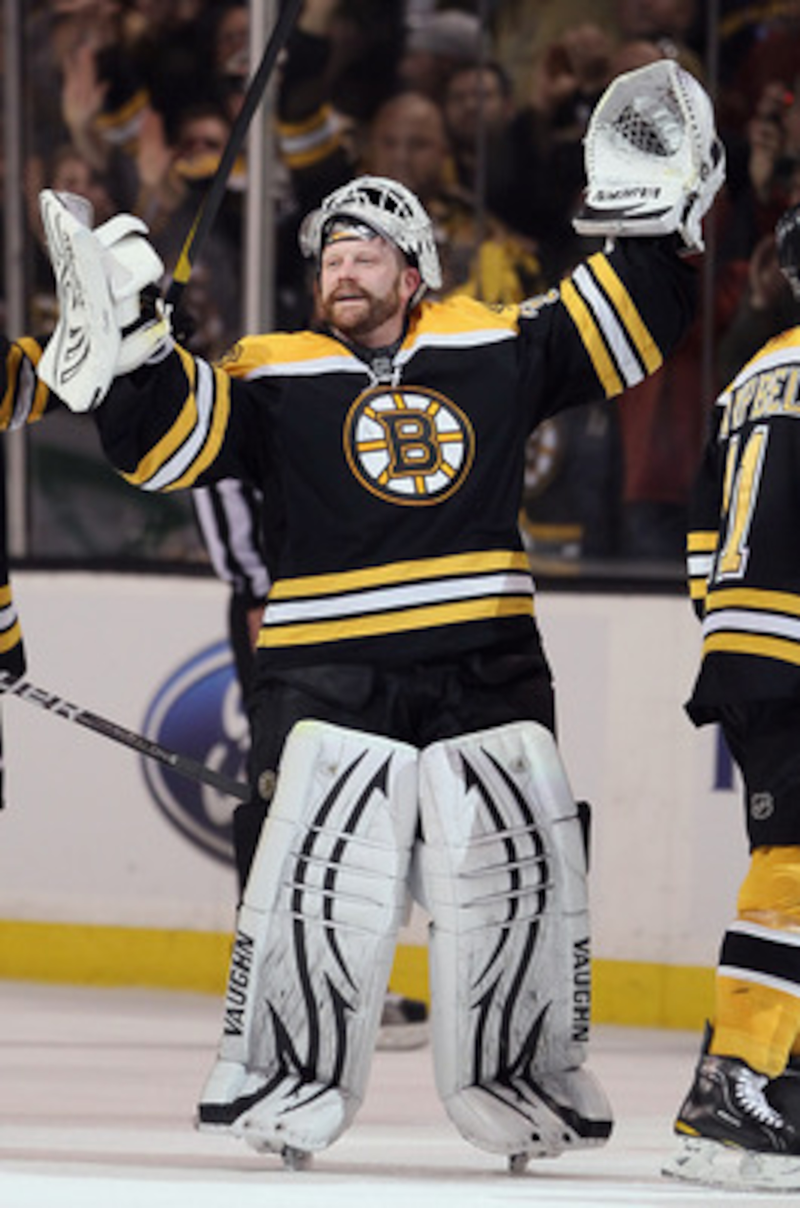 BOSTON, MA - MAY 06:  Tim Thomas #30 of the Boston Bruins celebrates the win over the Philadelphia Flyers in Game Four of the Eastern Conference Semifinals during the 2011 NHL Stanley Cup Playoffs at TD Garden on May 6, 2011 in Boston, Massachusetts. The