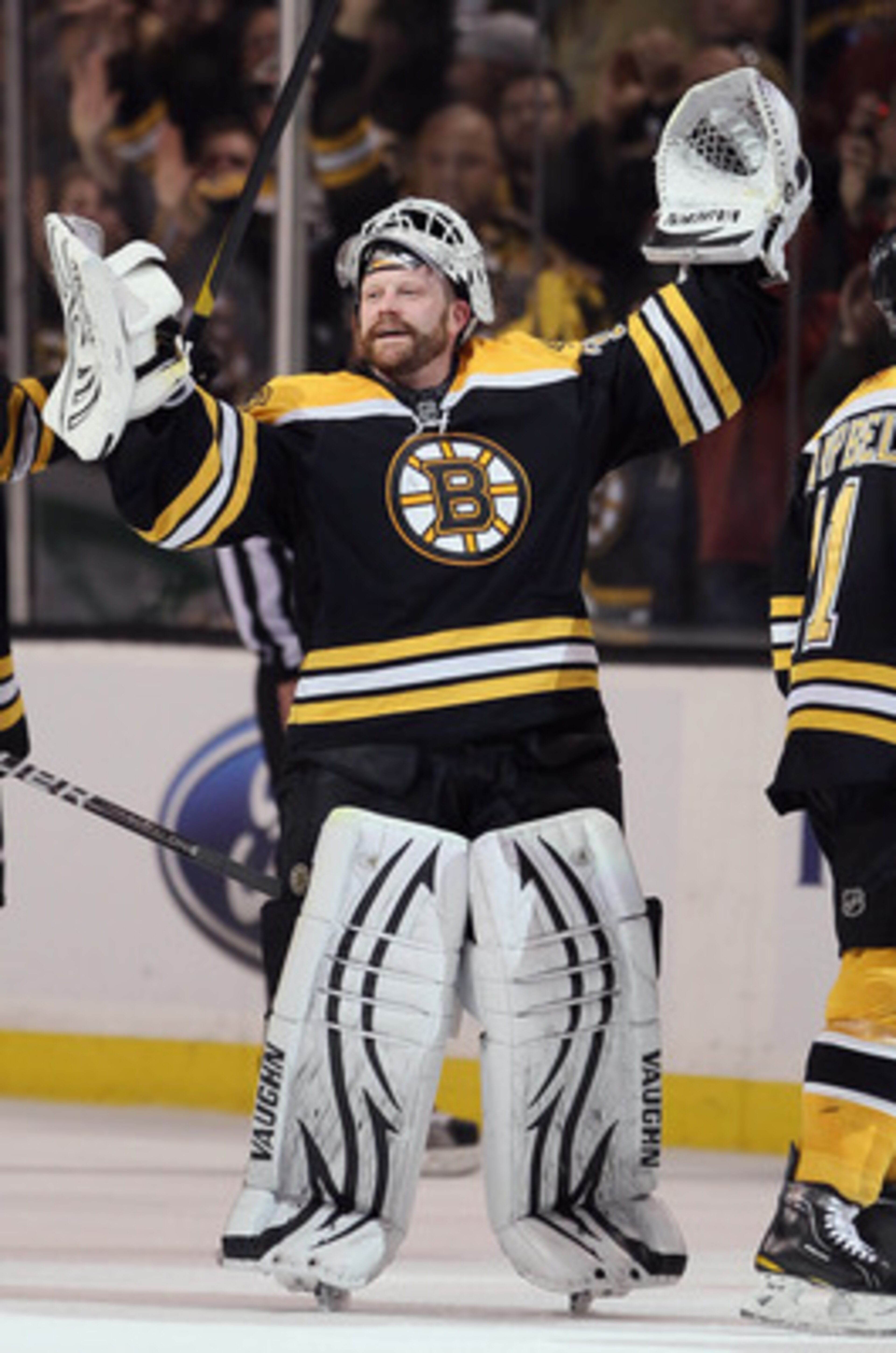 BOSTON, MA - MAY 06:  Tim Thomas #30 of the Boston Bruins celebrates the win over the Philadelphia Flyers in Game Four of the Eastern Conference Semifinals during the 2011 NHL Stanley Cup Playoffs at TD Garden on May 6, 2011 in Boston, Massachusetts. The