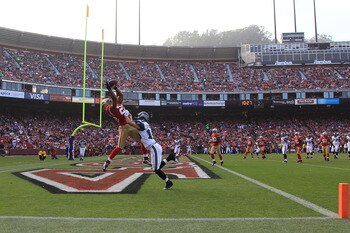 SAN FRANCISCO - DECEMBER 12:    Nate Clements #22 of the San Francisco 49ers intercepts a ball in the endzone against the Seattle Seahawks during an NFL game at Candlestick Park on December 12, 2010 in San Francisco, California.  (Photo by Jed Jacobsohn/G