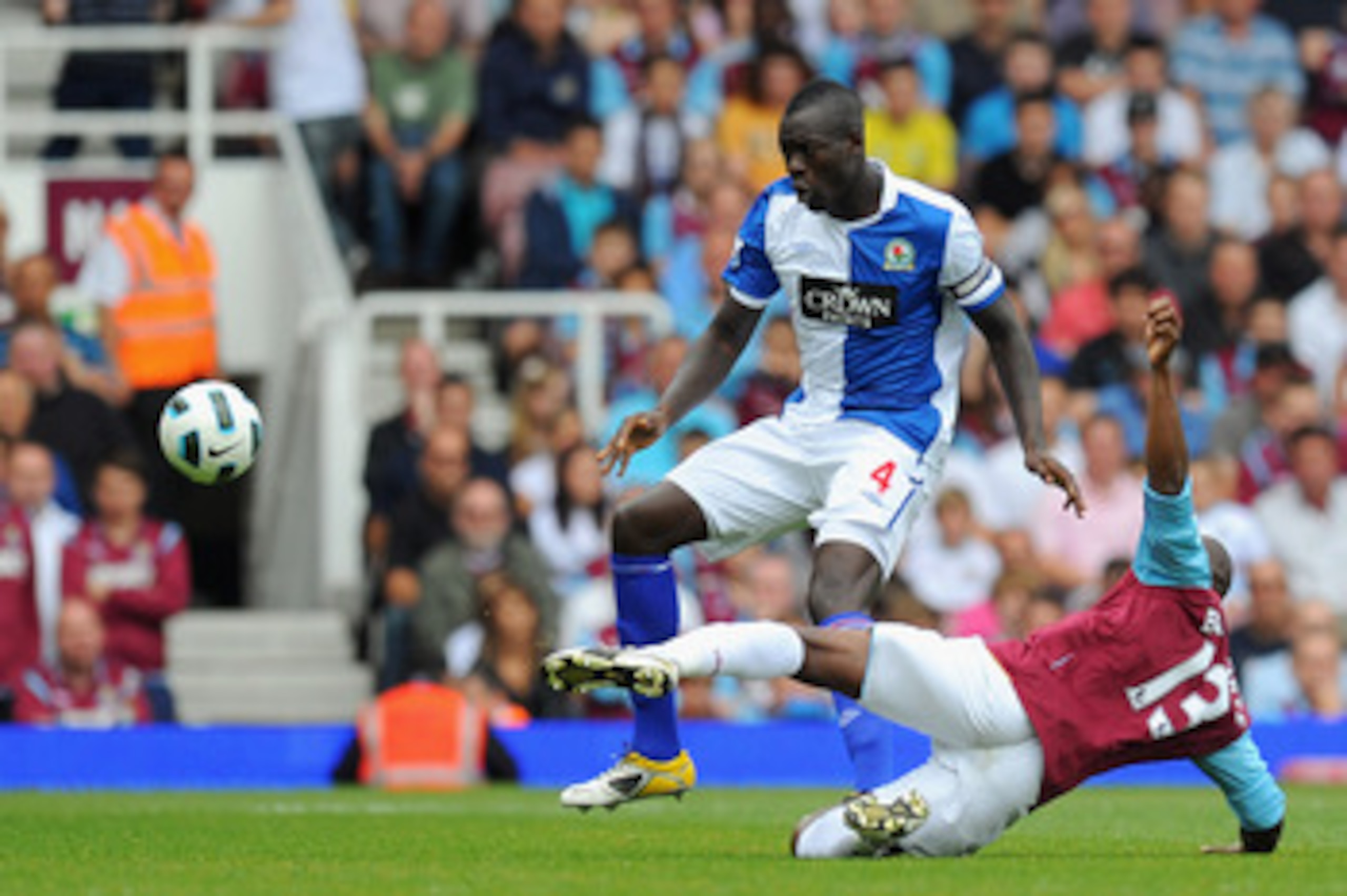 LONDON, ENGLAND - MAY 07:  Luis Boa Morte of West Ham United tackles Christopher Samba of Blackburn Rovers during the Barclays Premier League match between West Ham United and Blackburn Rovers at the Boleyn Ground on May 7, 2011 in London, England.  (Phot