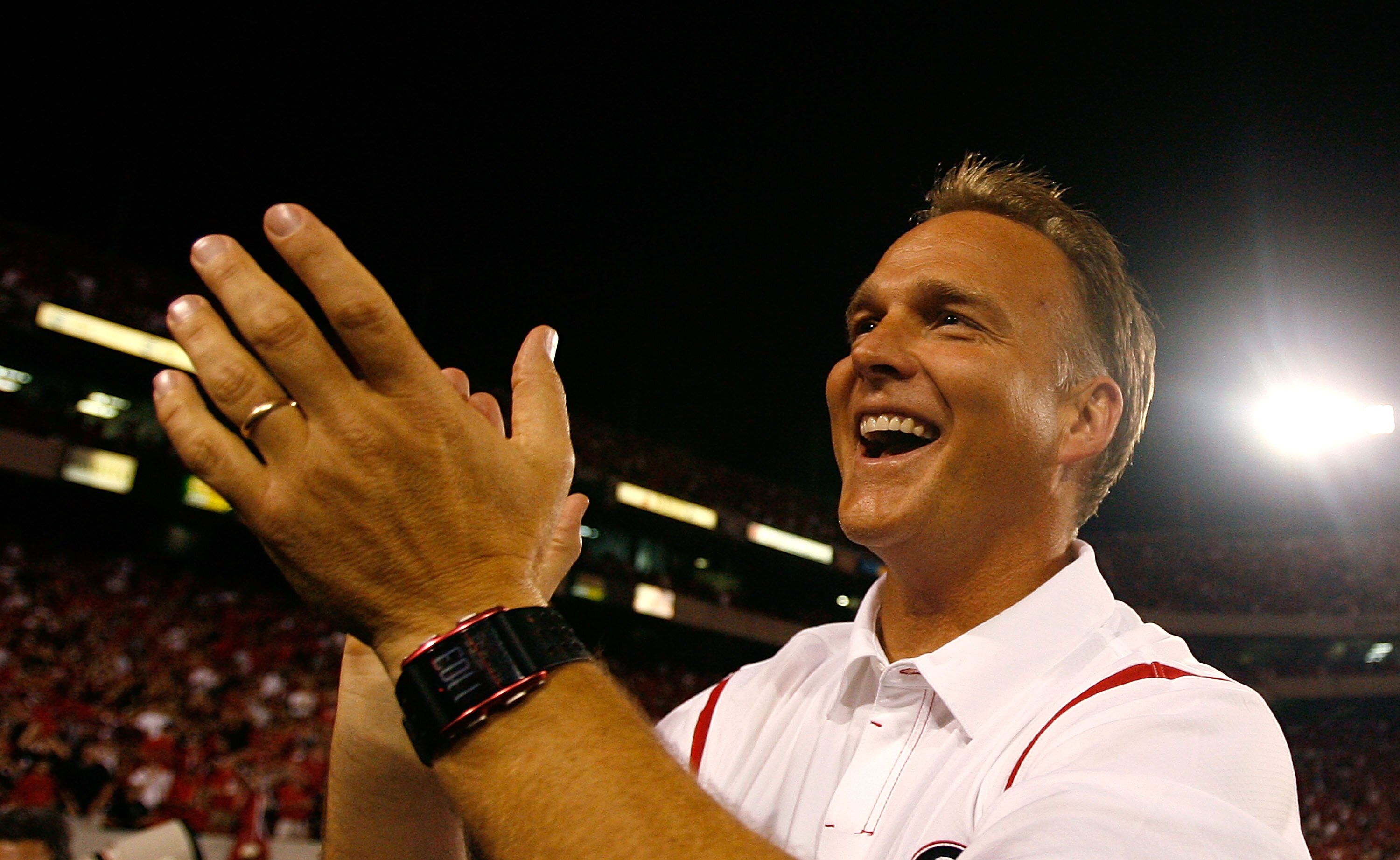 ATHENS, GA - SEPTEMBER 12:  Head coach Mark Richt of the Georgia Bulldogs celebrates their 41-37 win over the South Carolina Gamecocks at Sanford Stadium on September 12, 2009 in Athens, Georgia.  (Photo by Kevin C. Cox/Getty Images)