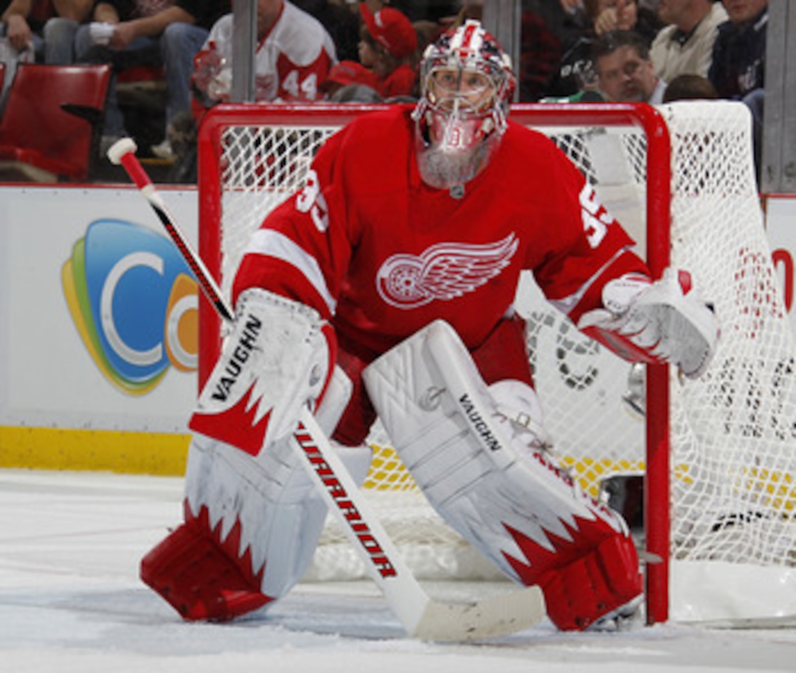 DETROIT, MI - APRIL 16: Jimmy Howard #35 of the Detroit Red Wings watches the puck while playing the Phoenix Coyotes in Game Two of the Western Conference Quarterfinals during the 2011 Stanley Cup Playoffs at Joe Louis Arena on April 16, 2011 in Detroit,