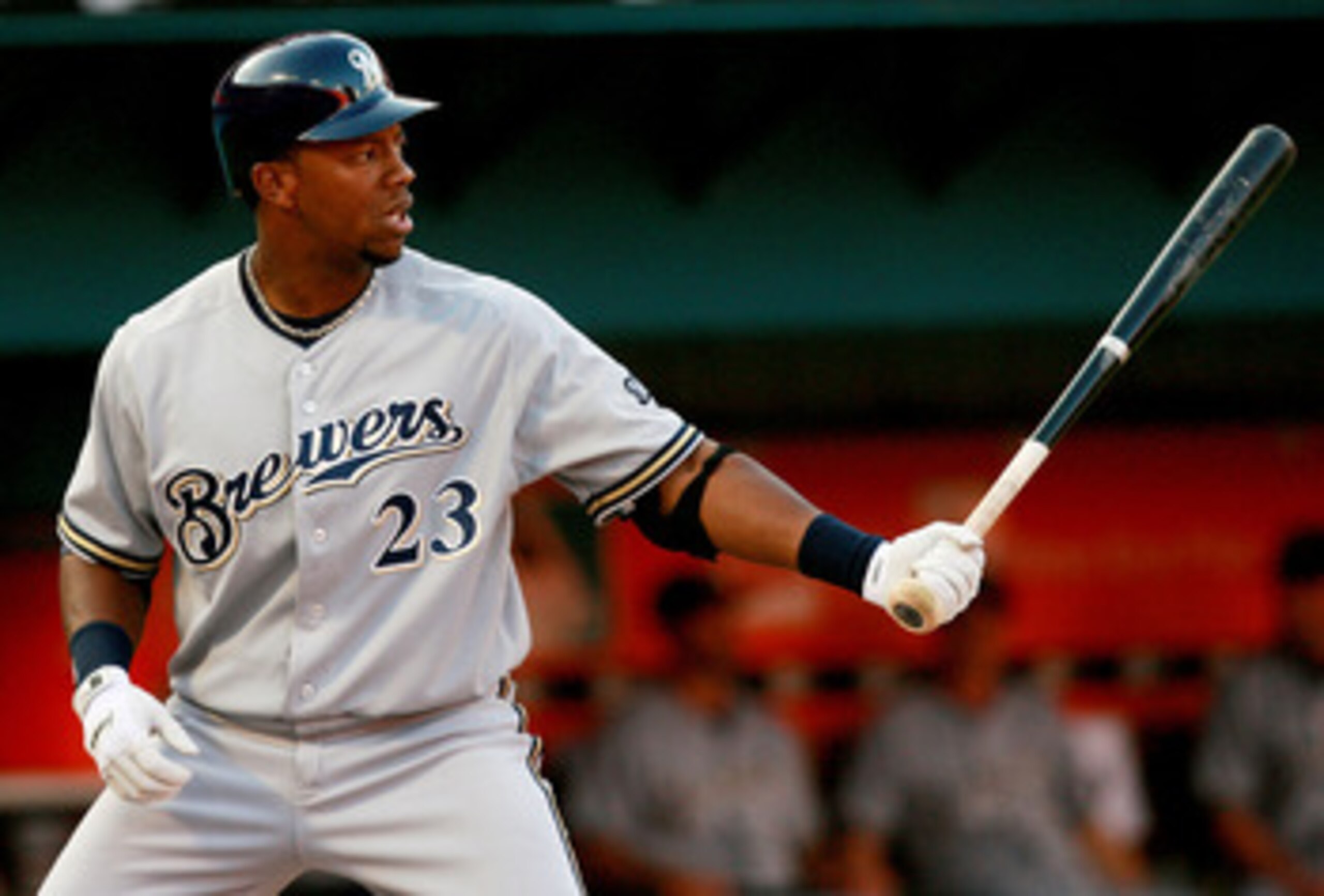 MIAMI - MAY 06:  Rickie Weeks #23 of the Milwaukee Brewers waits for the first pitch against the Florida Marlins at Dolphin Stadium on May 6, 2008 in Miami, Florida. The Marlins defeated the Brewers 3-0.  (Photo by2 Doug Benc/Getty Images)